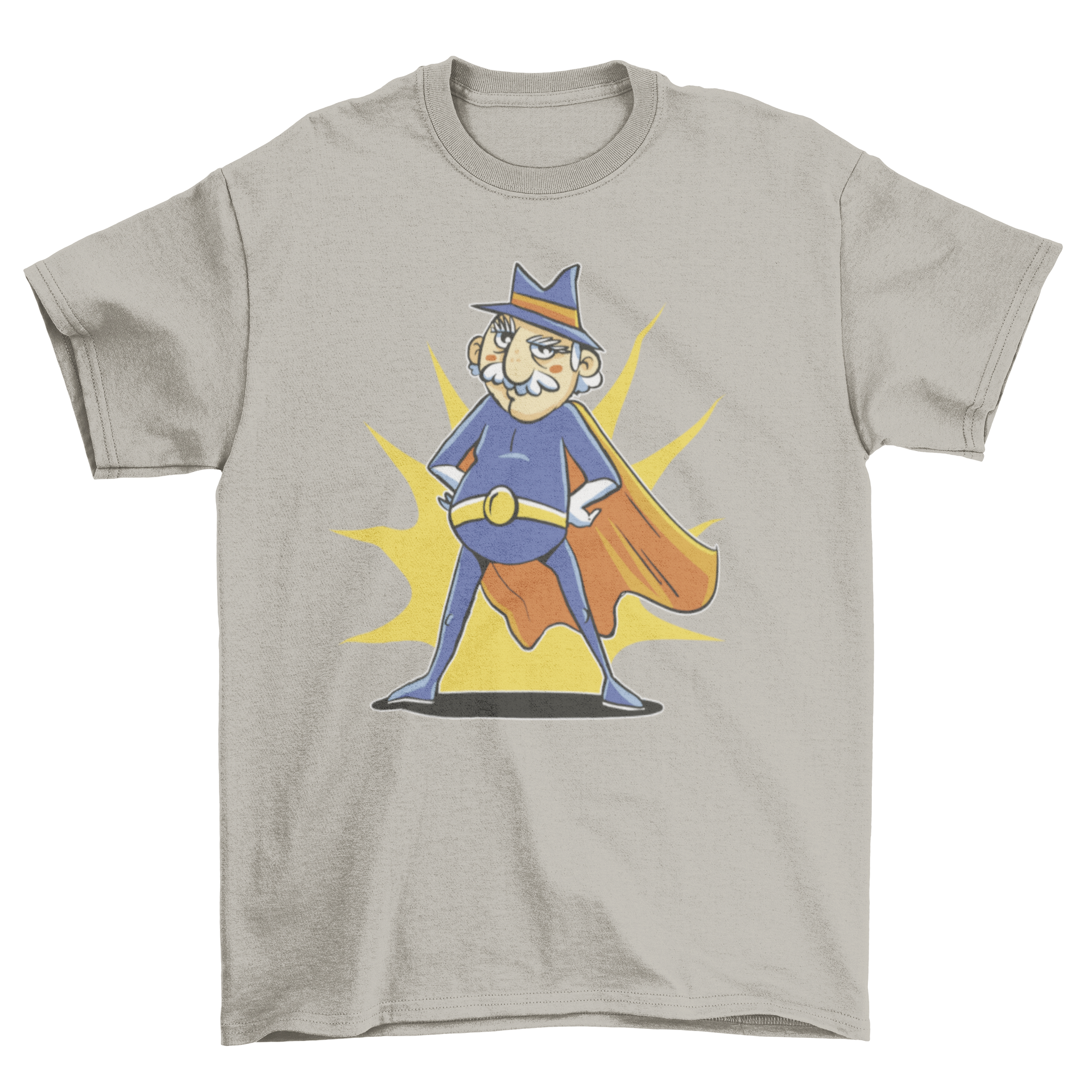 A vibrant t-shirt featuring an old man dressed as a superhero, showcasing a fun and unique design.