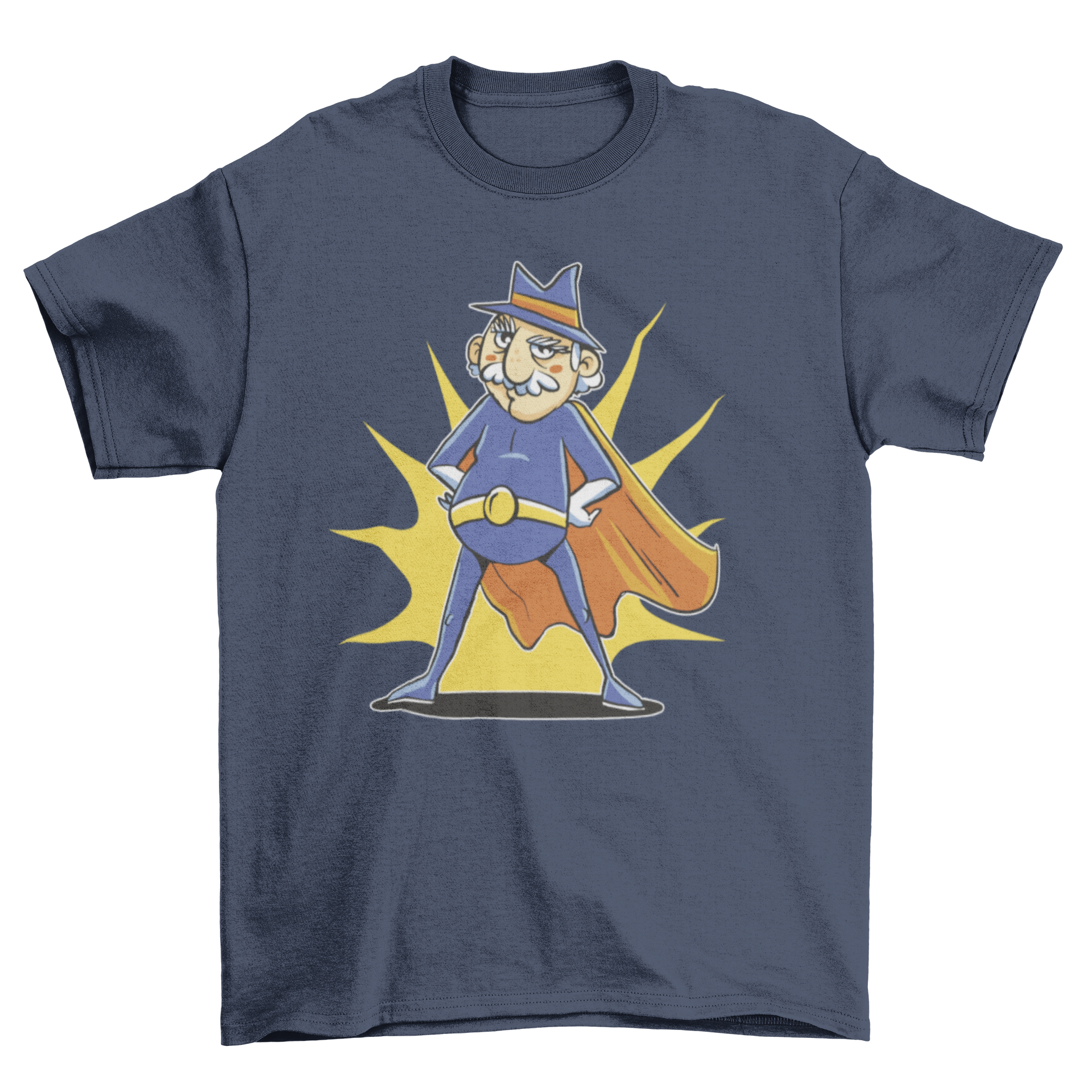 A vibrant t-shirt featuring an old man dressed as a superhero, showcasing a fun and unique design.