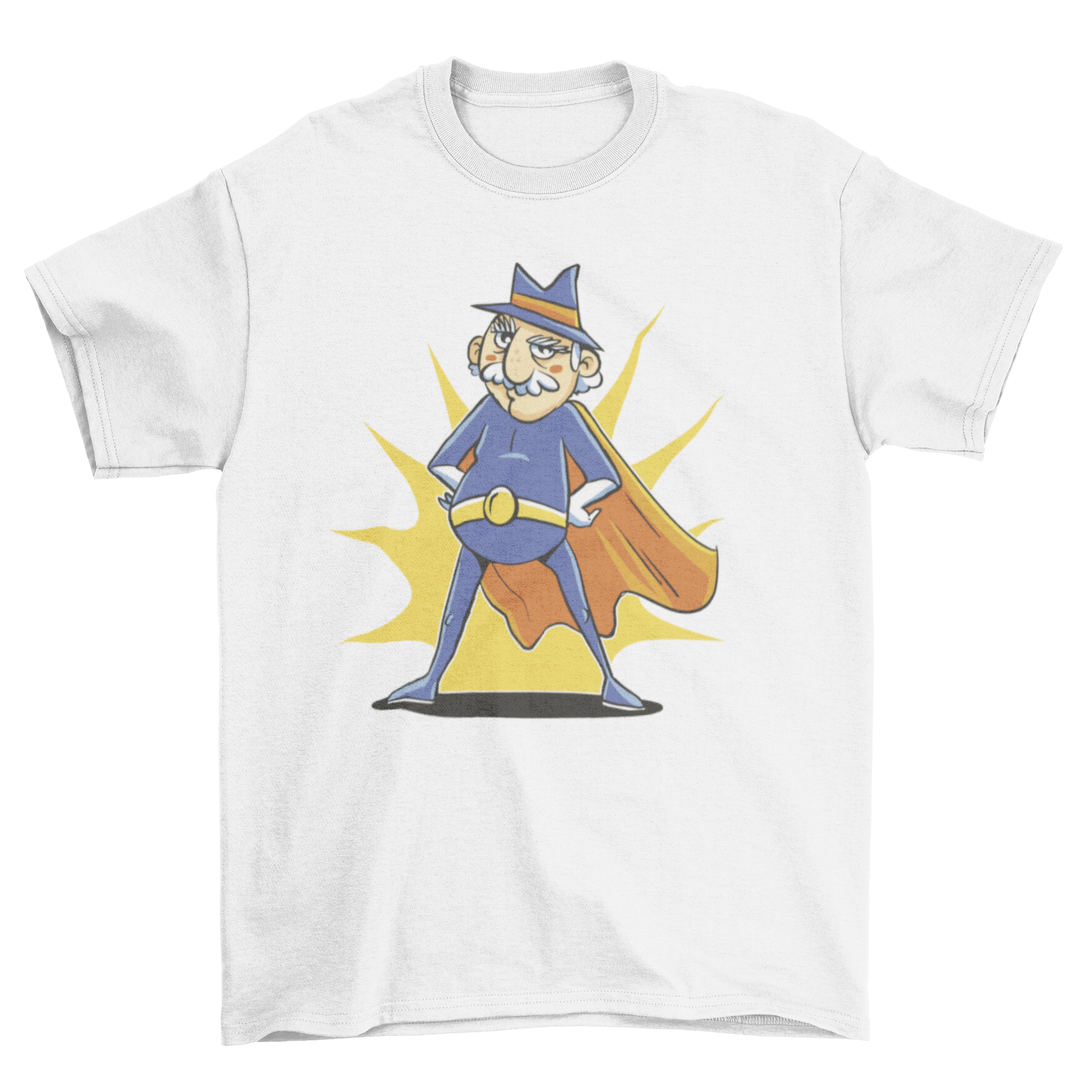 A vibrant t-shirt featuring an old man dressed as a superhero, showcasing a fun and unique design.