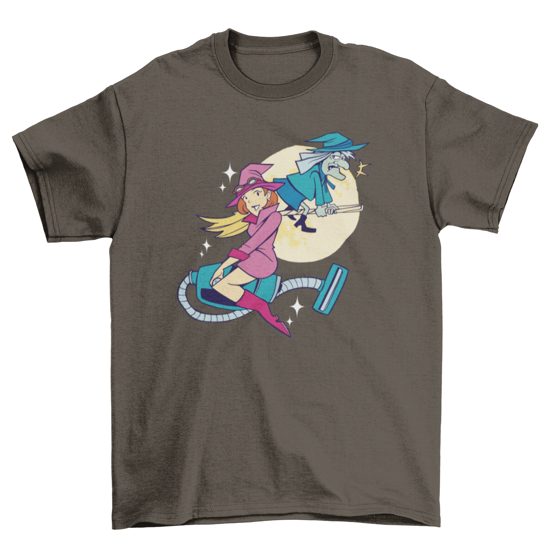 A whimsical t-shirt featuring a grandmother and granddaughter witches flying on a broom and vacuum cleaner, perfect for Halloween.