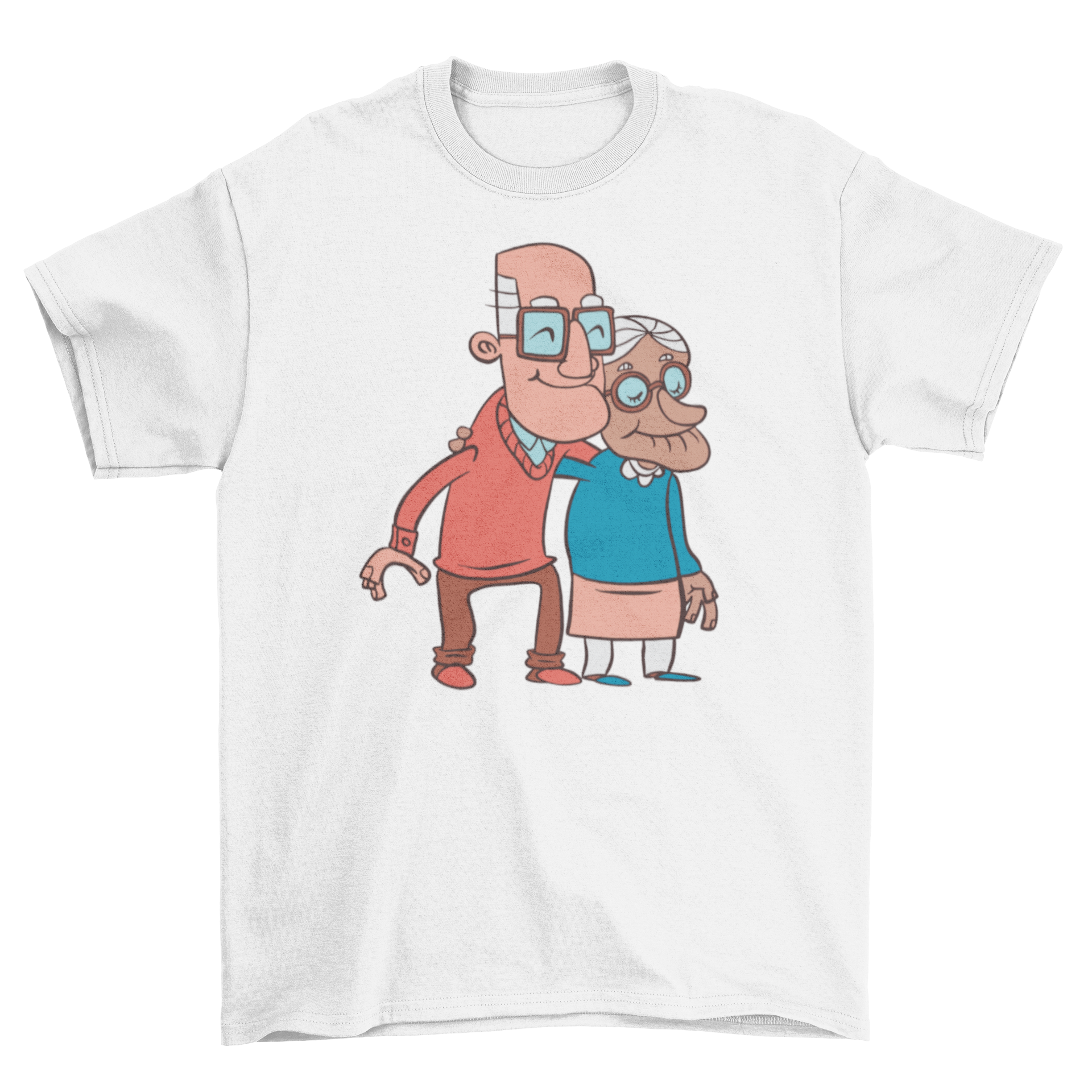 A cute t-shirt featuring a smiling old couple illustration, perfect for grandparents.