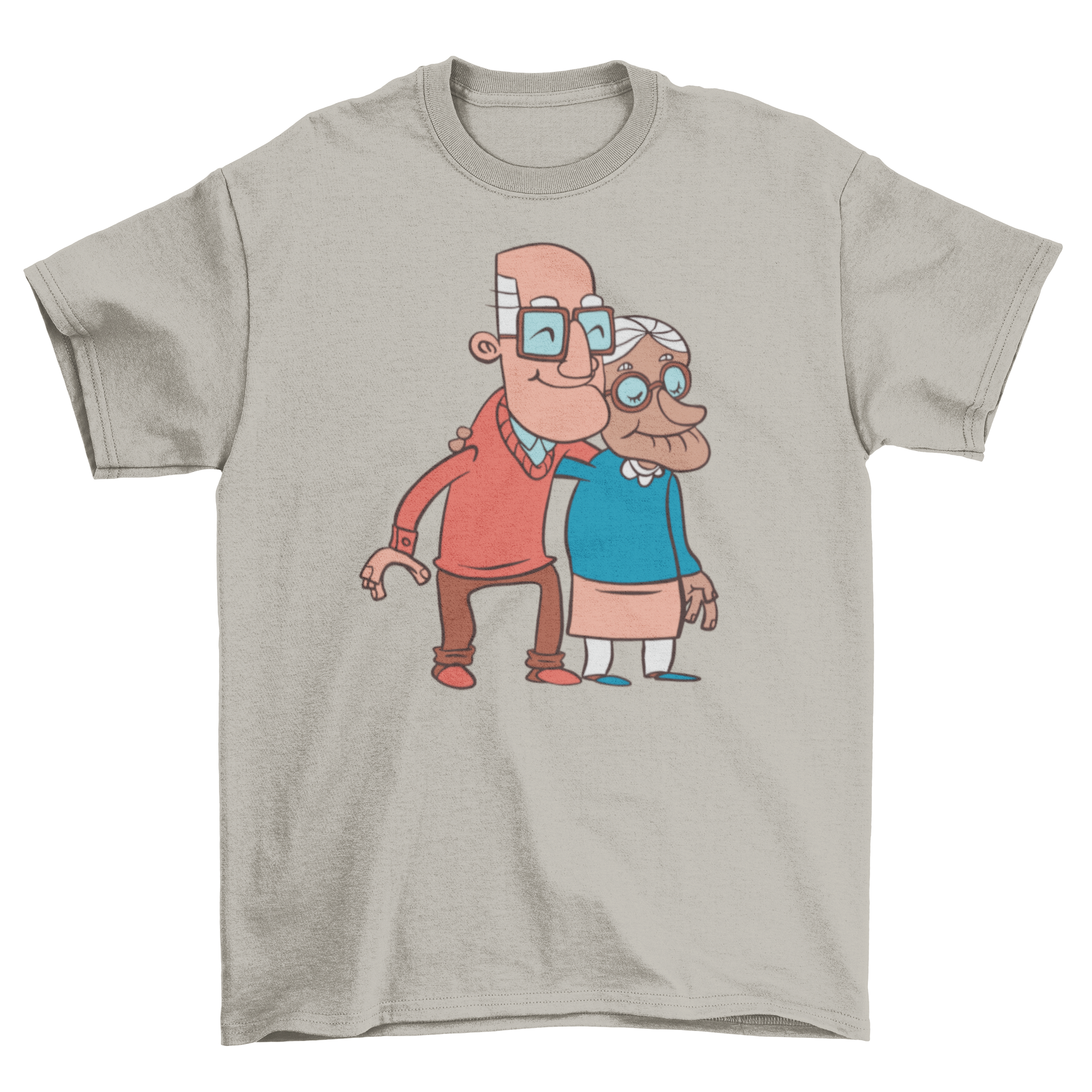 A cute t-shirt featuring a smiling old couple illustration, perfect for grandparents.