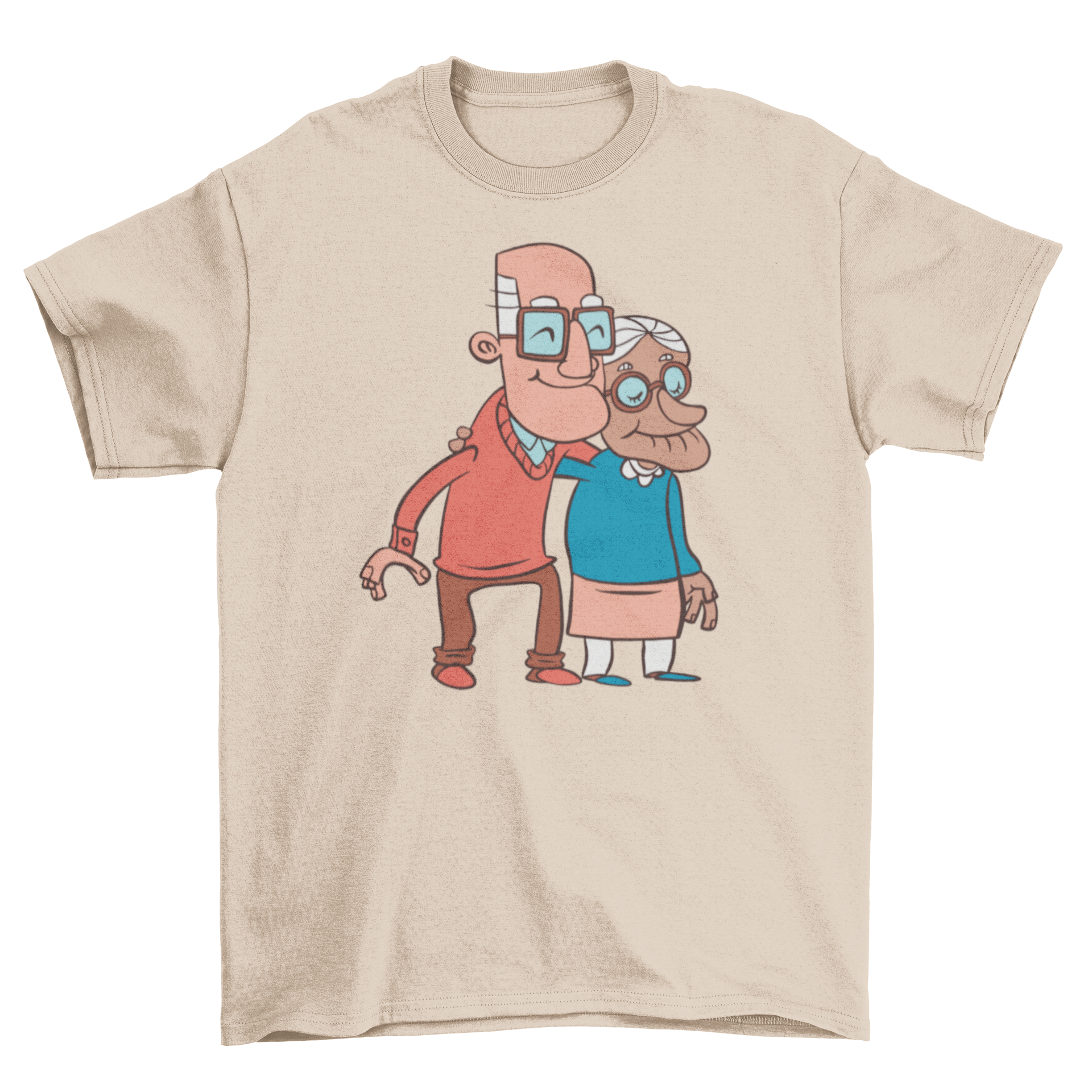 A cute t-shirt featuring a smiling old couple illustration, perfect for grandparents.