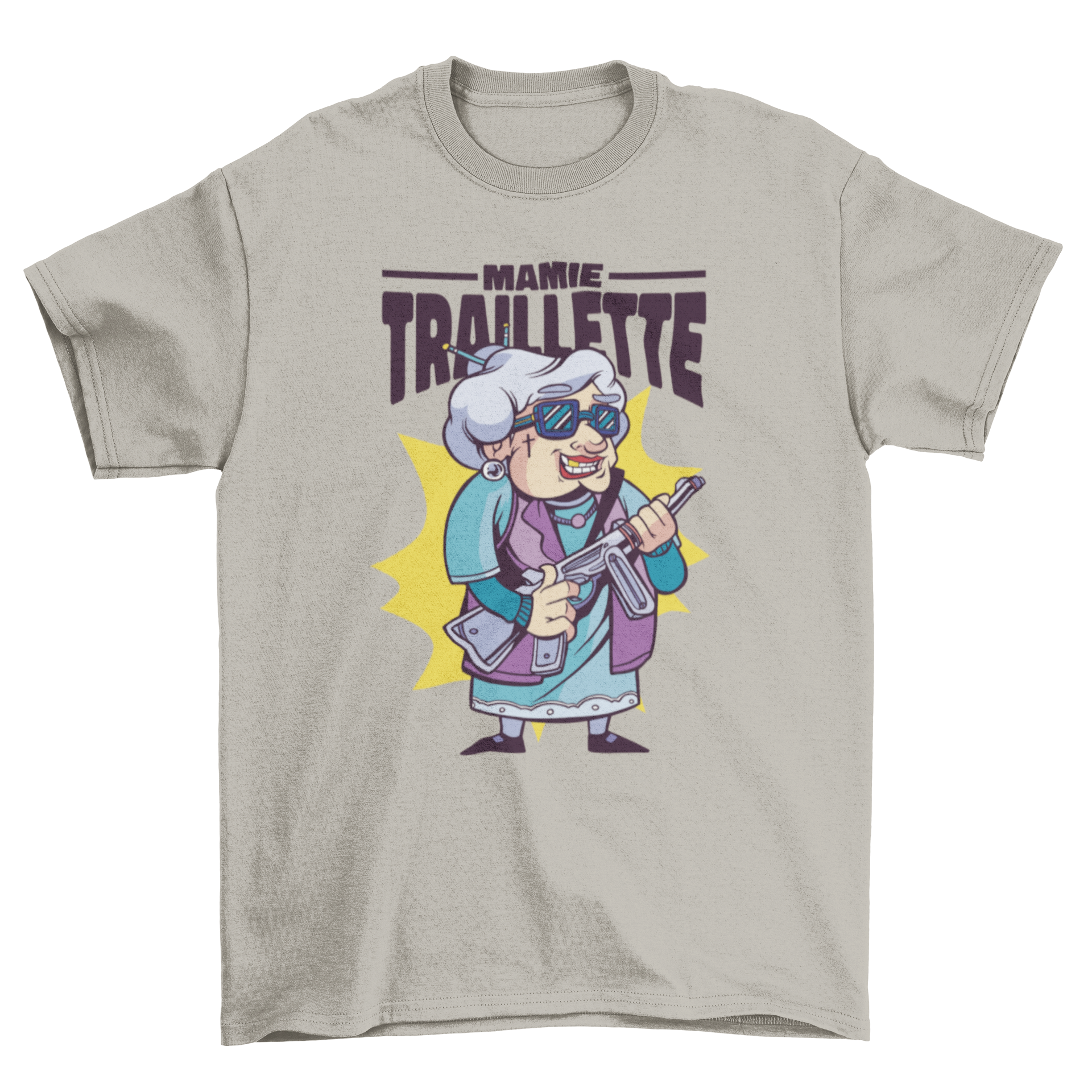 A stylish t-shirt featuring an elderly woman holding a machine gun with a French quote 'Granny gun'.