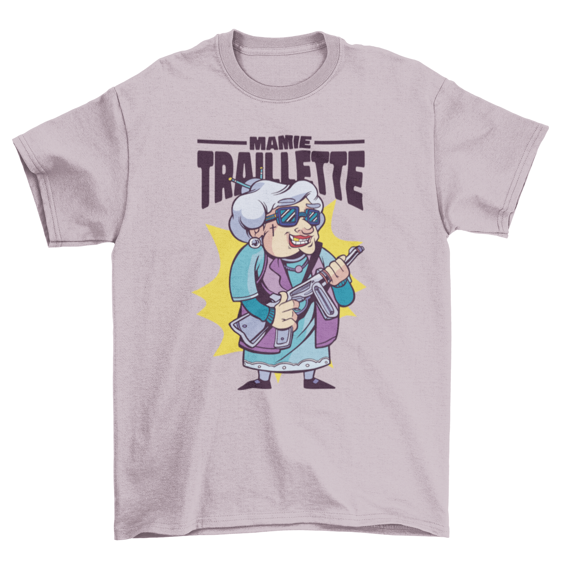 A stylish t-shirt featuring an elderly woman holding a machine gun with a French quote 'Granny gun'.