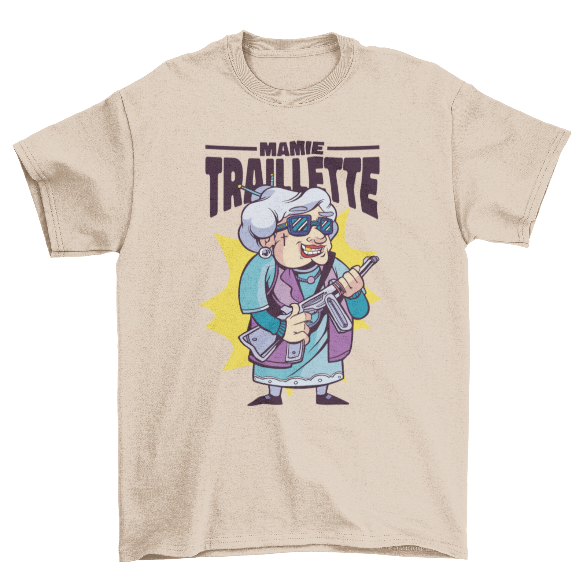 A stylish t-shirt featuring an elderly woman holding a machine gun with a French quote 'Granny gun'.