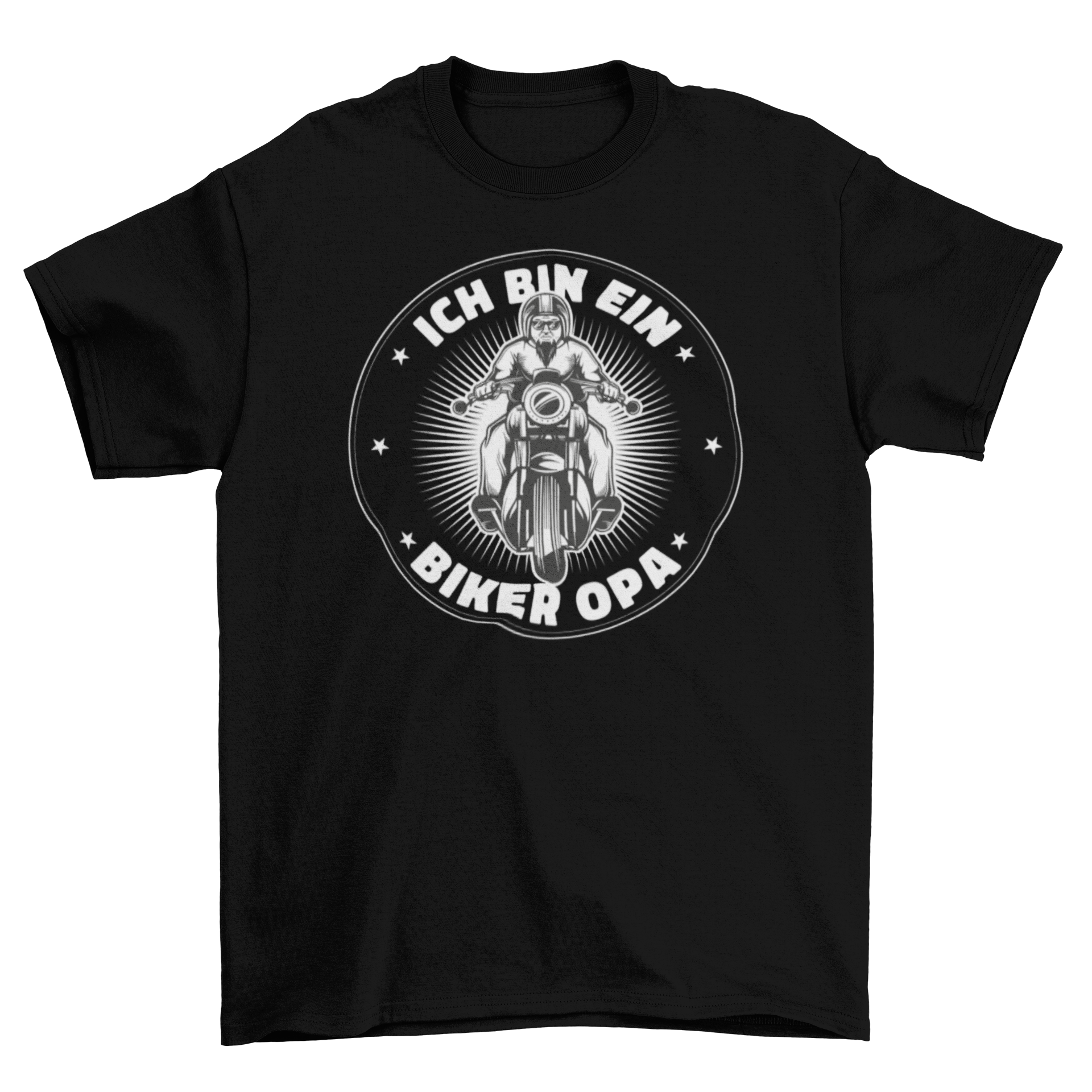 A humorous Grandpa biker t-shirt featuring the German quote 'Ich bin ein biker opa' in bold letters.