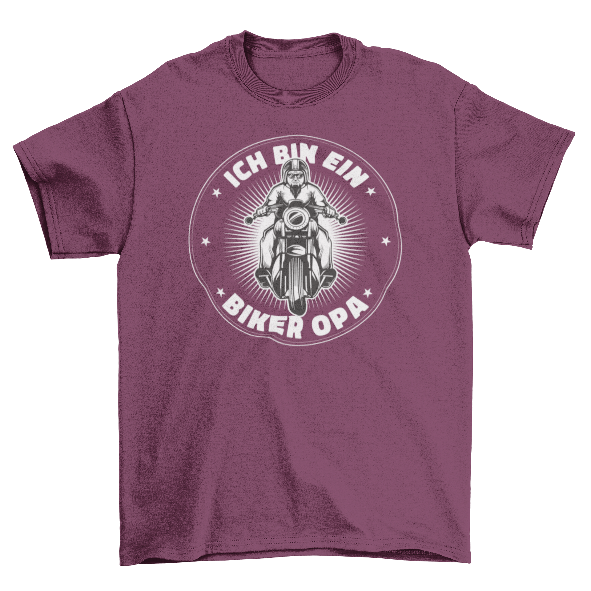 A humorous Grandpa biker t-shirt featuring the German quote 'Ich bin ein biker opa' in bold letters.