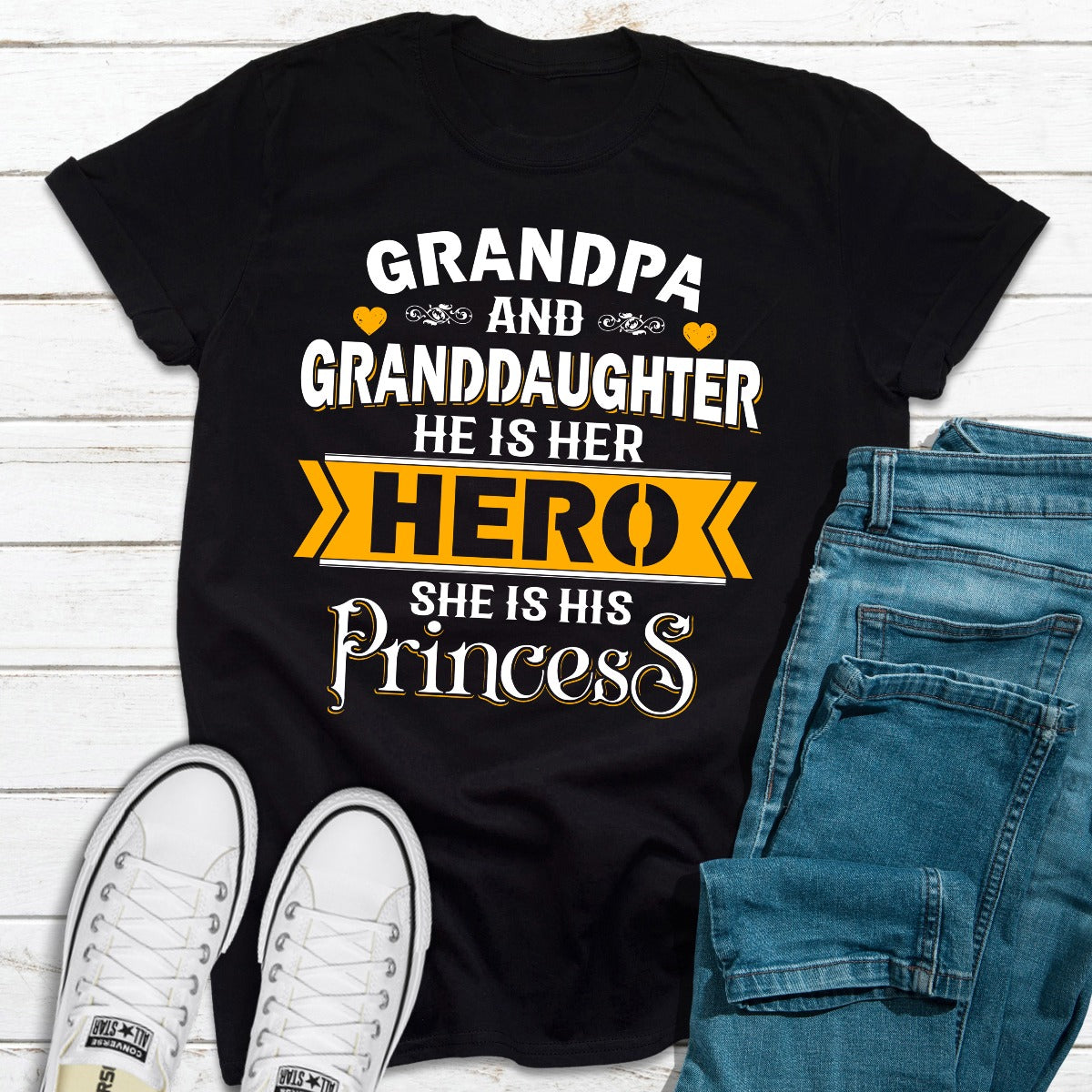 A soft and durable Grandpa & Granddaughter T-Shirt featuring a comfortable fit and double stitching, perfect for family bonding.