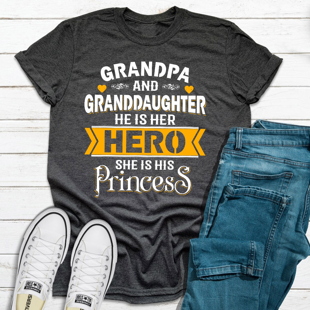 A soft and durable Grandpa & Granddaughter T-Shirt featuring a comfortable fit and double stitching, perfect for family bonding.