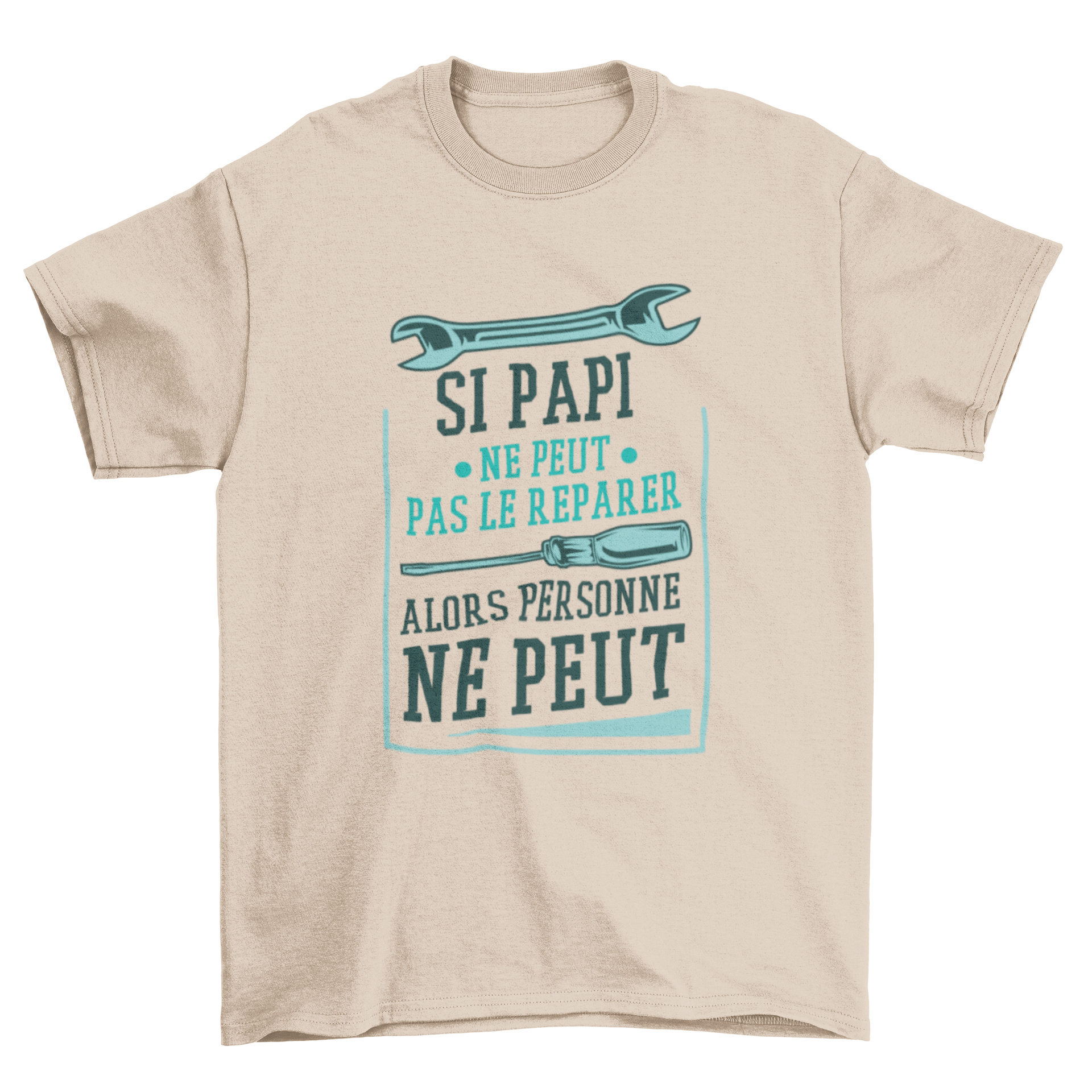 A stylish t-shirt featuring the quote 'If grandpa can't fix it then no one can' in French, perfect for grandfathers.