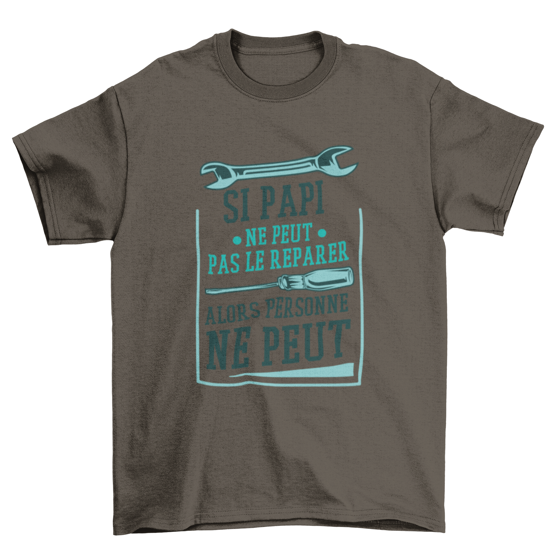 A stylish t-shirt featuring the quote 'If grandpa can't fix it then no one can' in French, perfect for grandfathers.