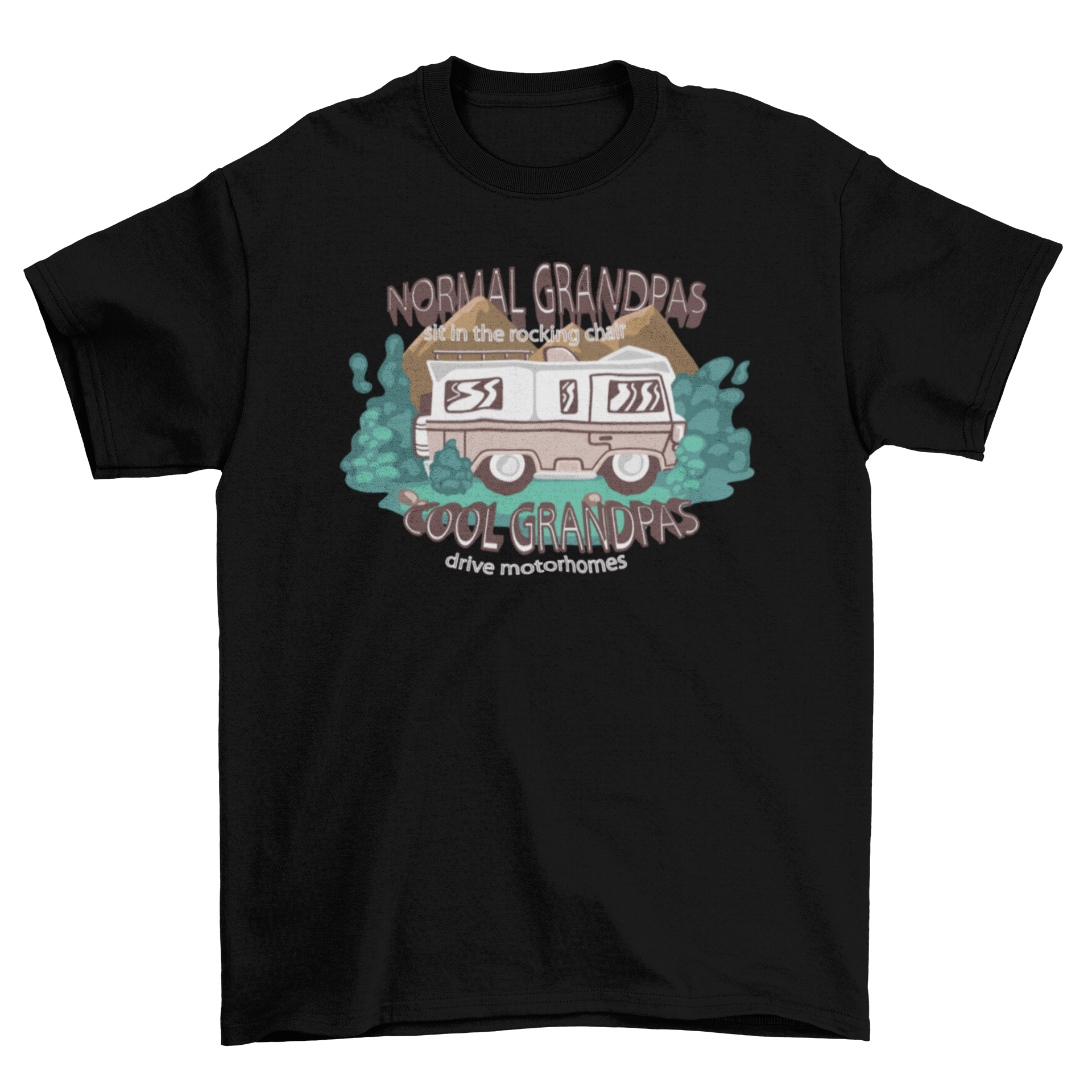 A stylish t-shirt featuring a motorhome design and a humorous quote about grandpas driving motorhomes.