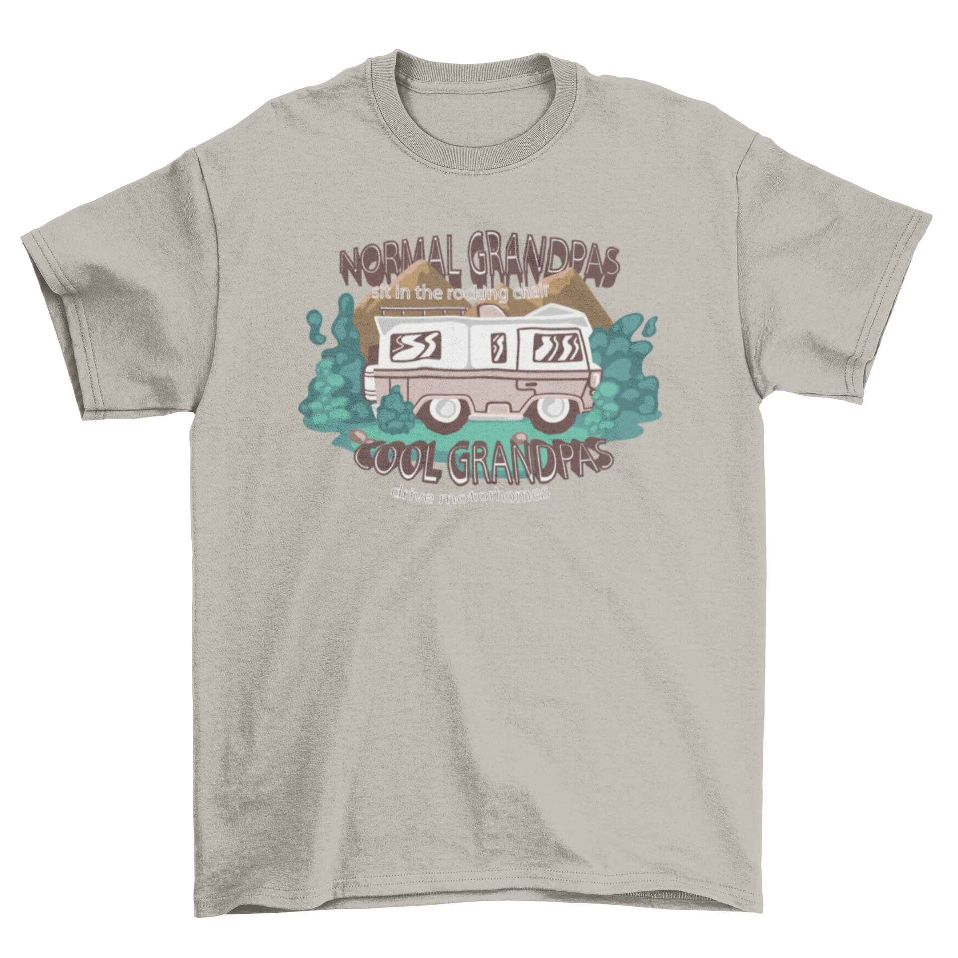 A stylish t-shirt featuring a motorhome design and a humorous quote about grandpas driving motorhomes.