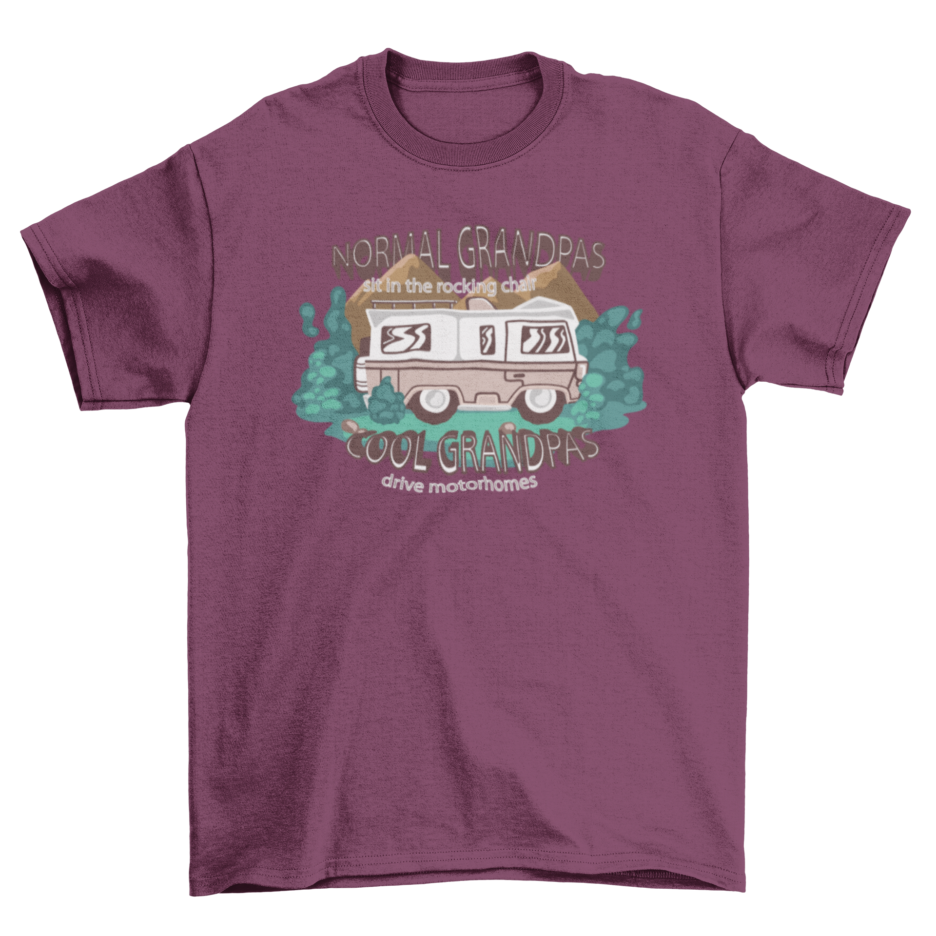 A stylish t-shirt featuring a motorhome design and a humorous quote about grandpas driving motorhomes.