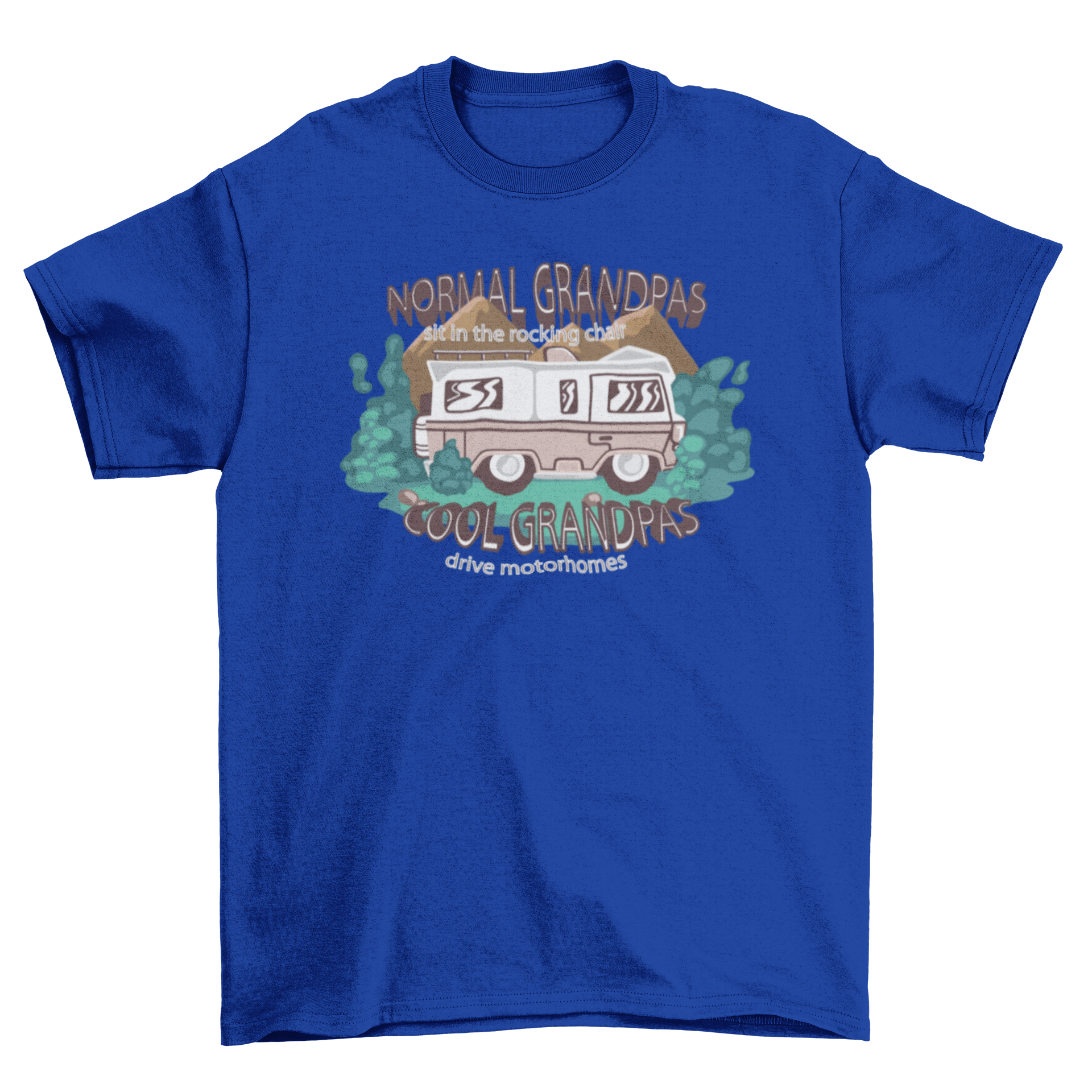 A stylish t-shirt featuring a motorhome design and a humorous quote about grandpas driving motorhomes.