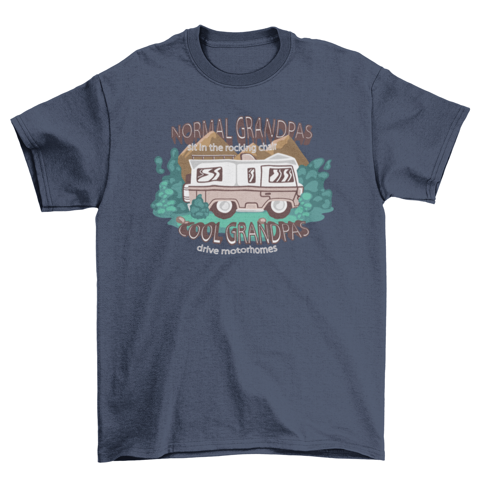 A stylish t-shirt featuring a motorhome design and a humorous quote about grandpas driving motorhomes.