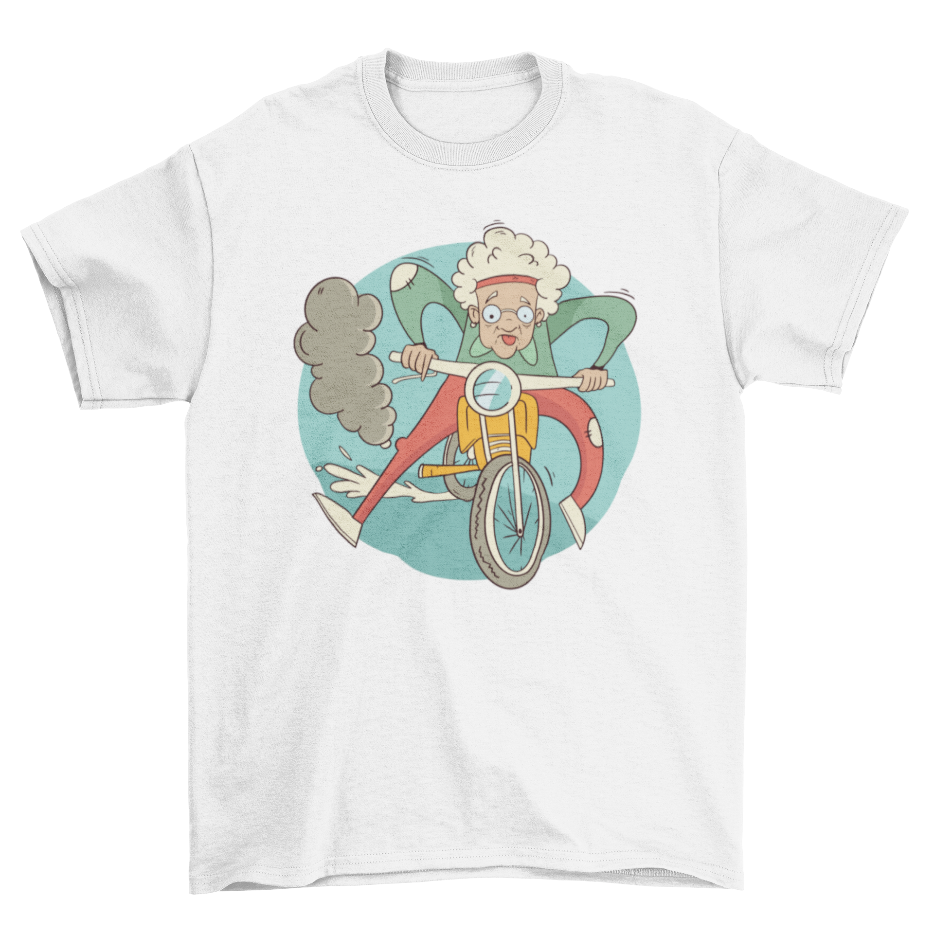 A humorous T-shirt featuring a cartoon illustration of a granny joyfully riding a motorcycle, showcasing a fun and adventurous spirit.