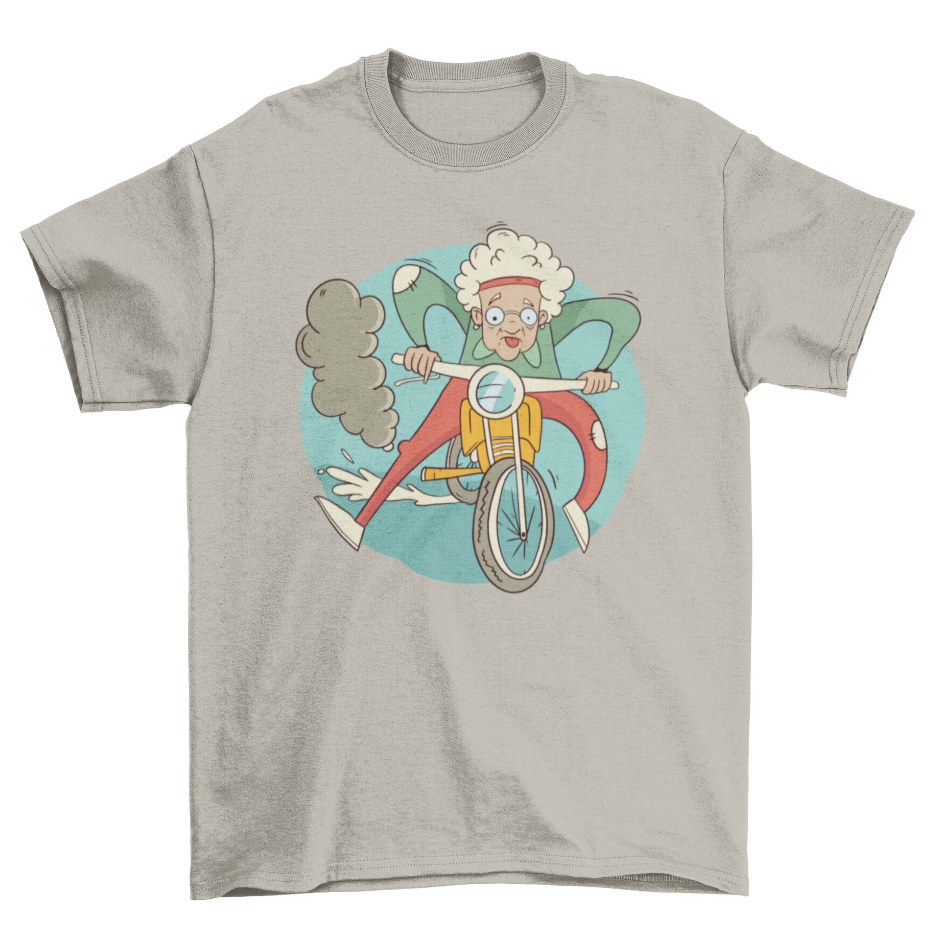 A humorous T-shirt featuring a cartoon illustration of a granny joyfully riding a motorcycle, showcasing a fun and adventurous spirit.