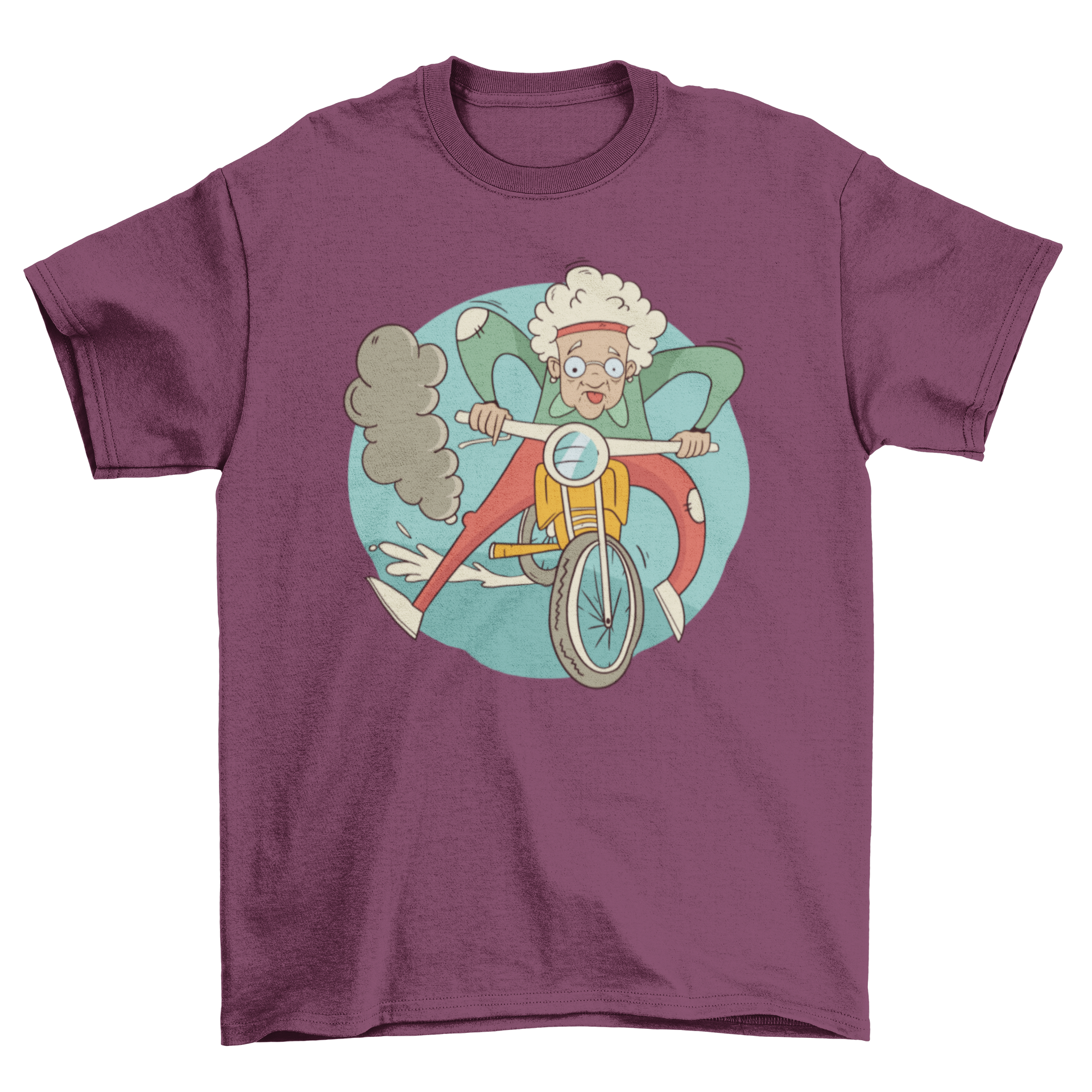 A humorous T-shirt featuring a cartoon illustration of a granny joyfully riding a motorcycle, showcasing a fun and adventurous spirit.