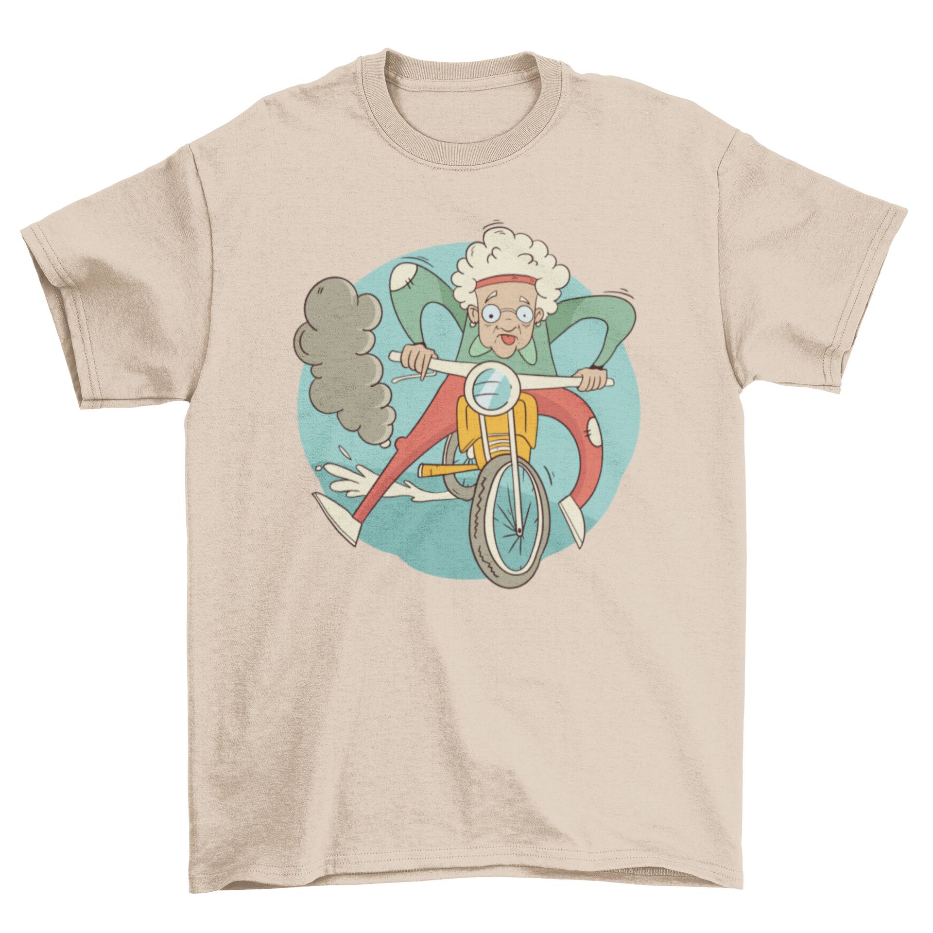 A humorous T-shirt featuring a cartoon illustration of a granny joyfully riding a motorcycle, showcasing a fun and adventurous spirit.