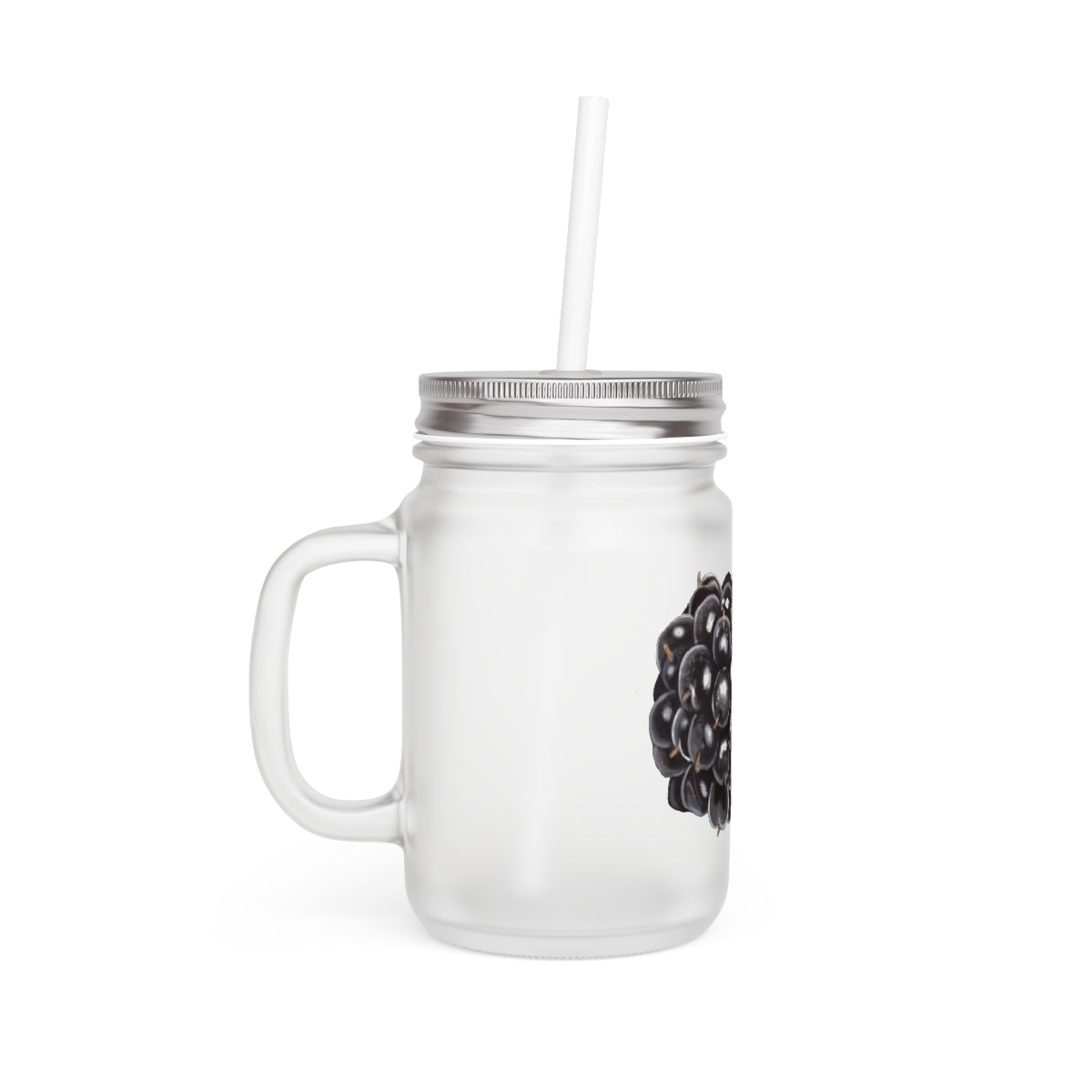 A stylish Grape Mason Jar made of frosted glass, featuring a straw and lid, perfect for personalized drinks.