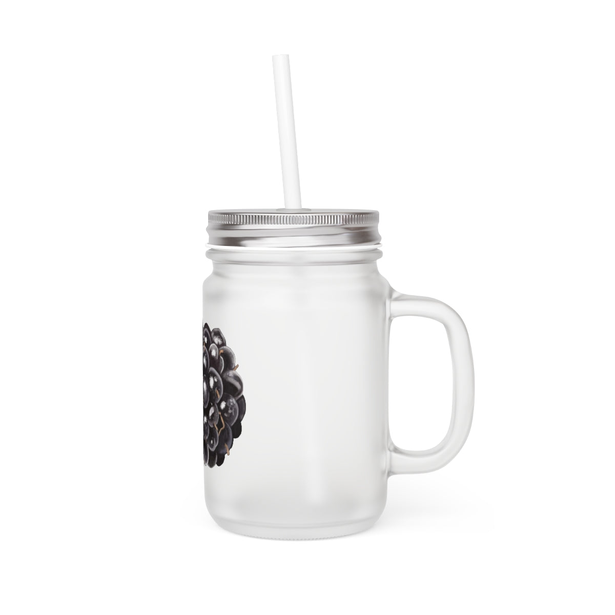 A stylish Grape Mason Jar made of frosted glass, featuring a straw and lid, perfect for personalized drinks.