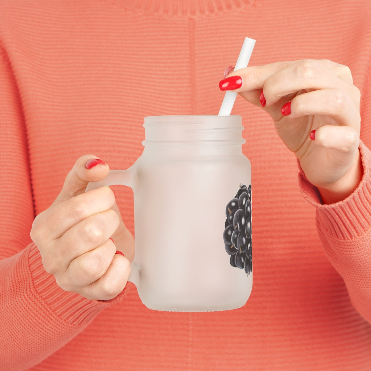 A stylish Grape Mason Jar made of frosted glass, featuring a straw and lid, perfect for personalized drinks.