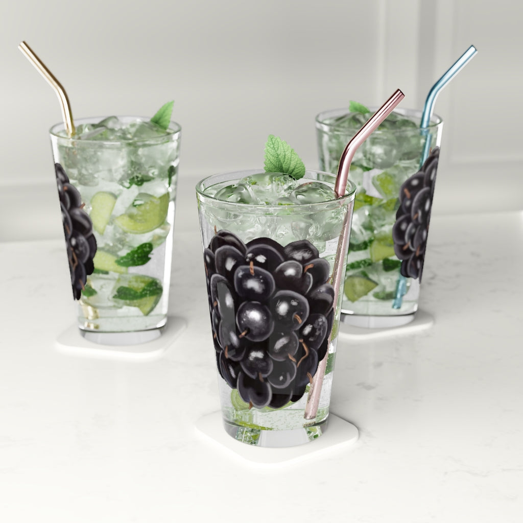 A clear 16oz Grape Pint Glass showcasing its elegant design, perfect for personalized drinks.