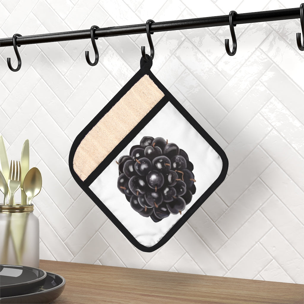 Grape Pot Holder with Pocket, 9x9 inches, featuring a stylish grape design and a black cotton hanging loop.