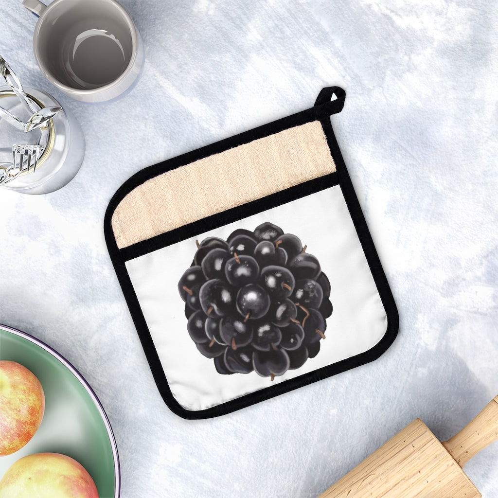 Grape Pot Holder with Pocket, 9x9 inches, featuring a stylish grape design and a black cotton hanging loop.