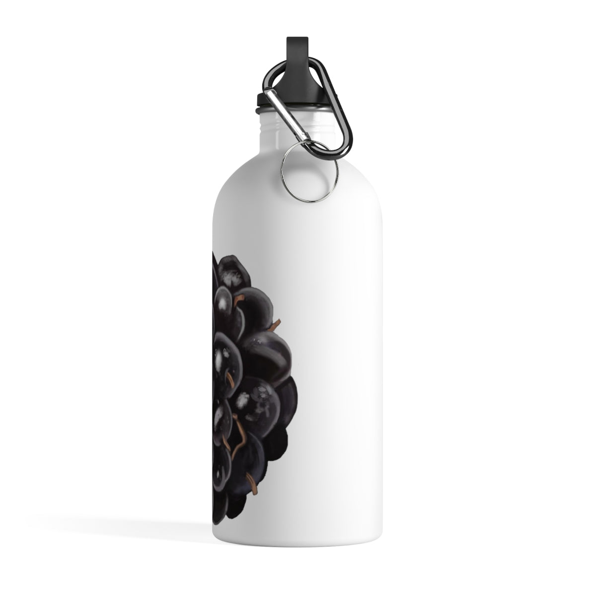 Grape Stainless Steel Water Bottle with a plastic screw top and carabiner, showcasing its vibrant design and lightweight structure.