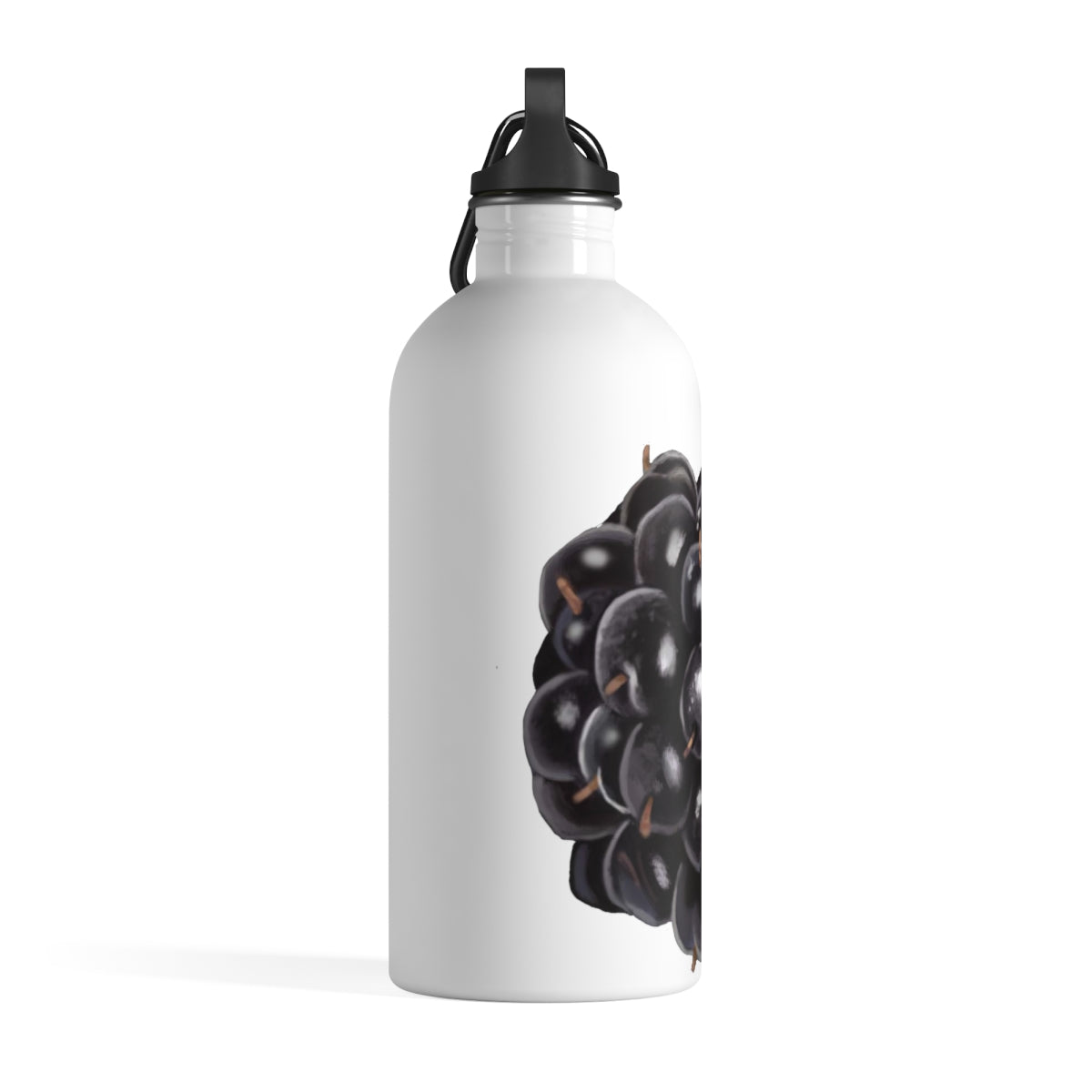 Grape Stainless Steel Water Bottle with a plastic screw top and carabiner, showcasing its vibrant design and lightweight structure.