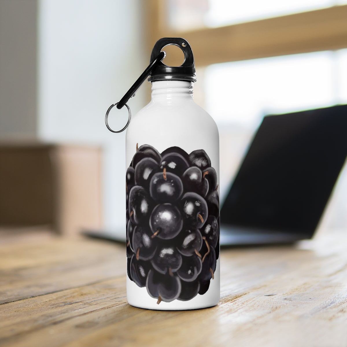 Grape Stainless Steel Water Bottle with a plastic screw top and carabiner, showcasing its vibrant design and lightweight structure.