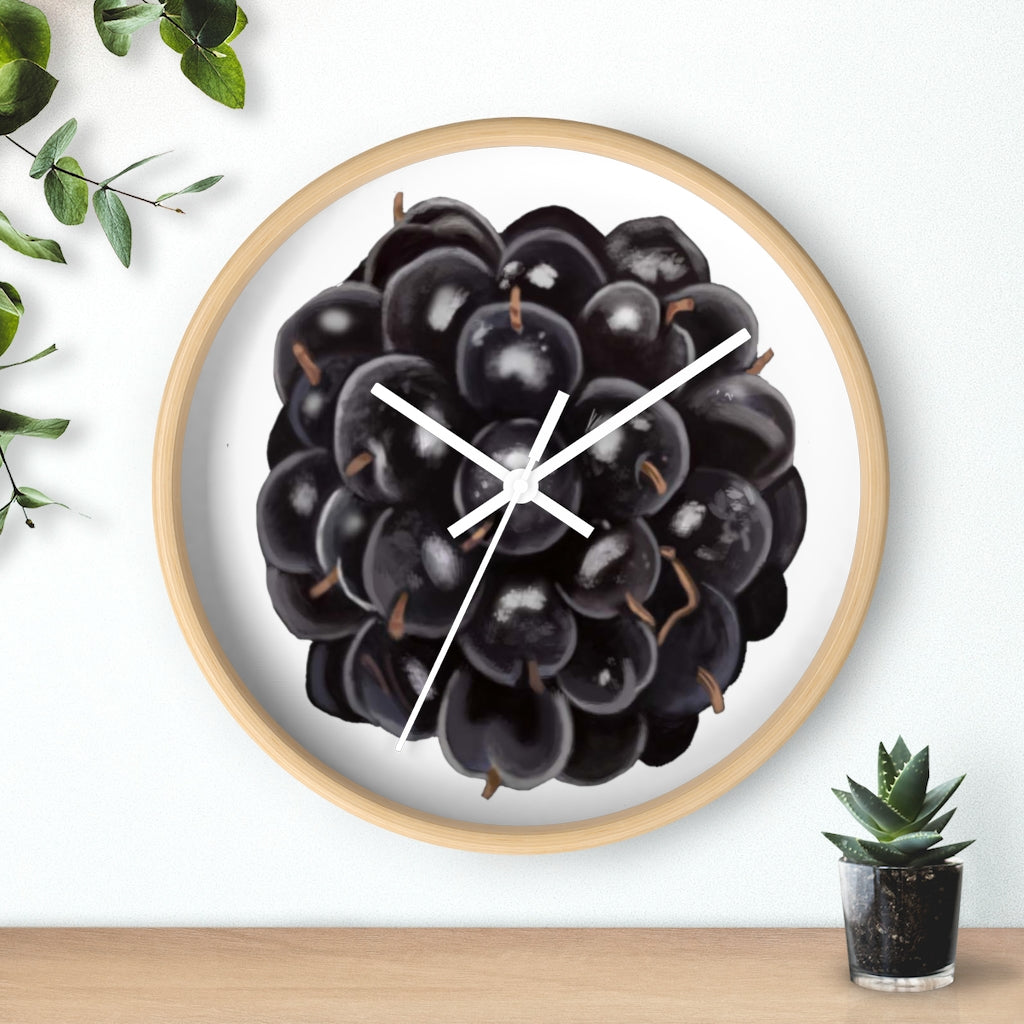 A stylish Grape Wall Clock featuring a wooden frame and a vibrant grape design, perfect for indoor decor.