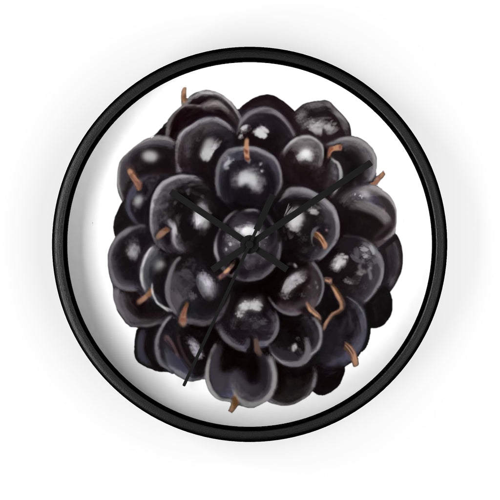 A stylish Grape Wall Clock featuring a wooden frame and a vibrant grape design, perfect for indoor decor.