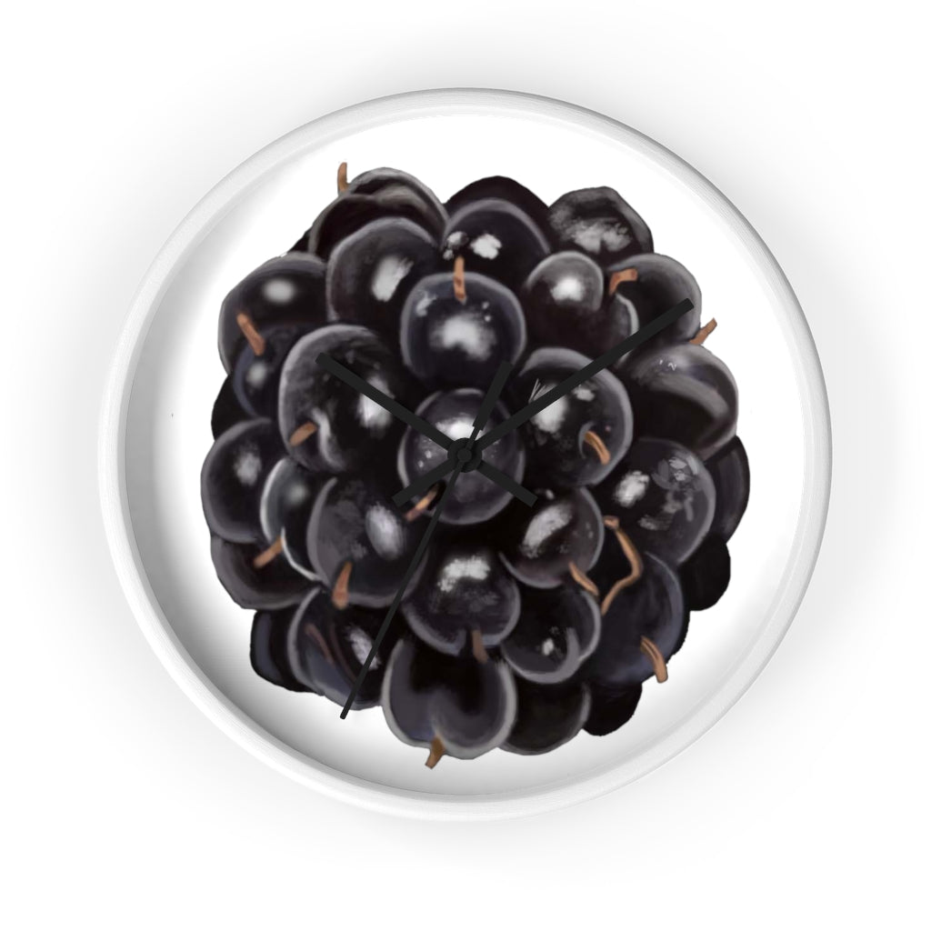 A stylish Grape Wall Clock featuring a wooden frame and a vibrant grape design, perfect for indoor decor.