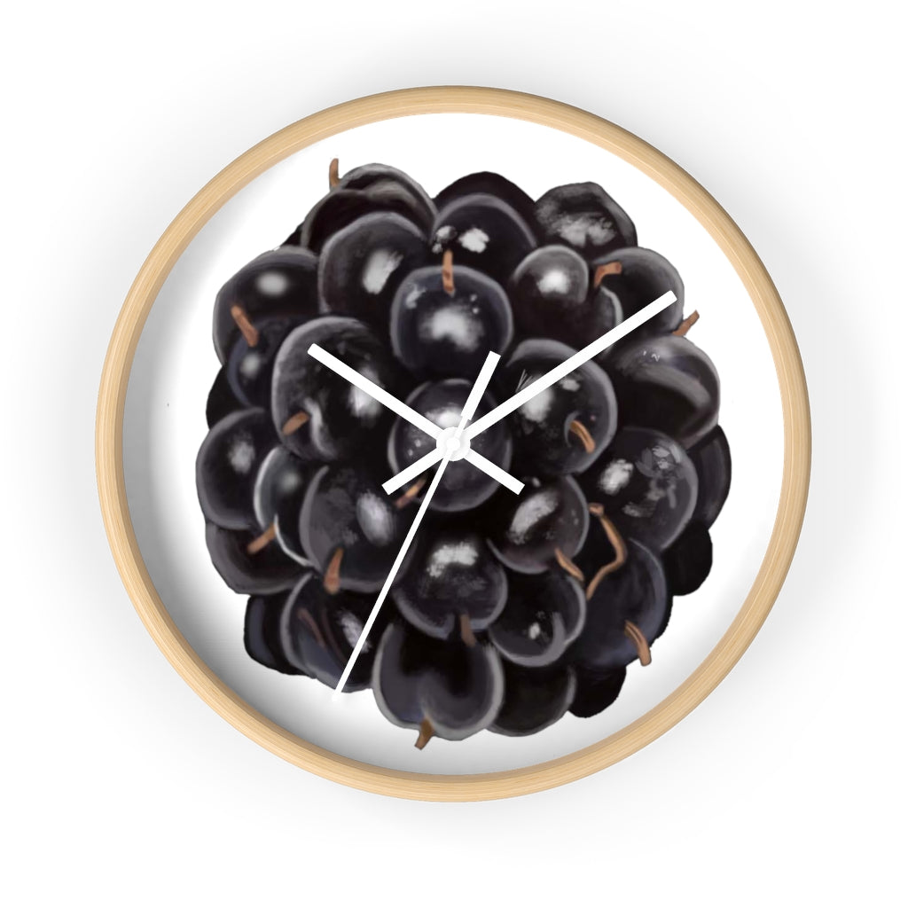 A stylish Grape Wall Clock featuring a wooden frame and a vibrant grape design, perfect for indoor decor.