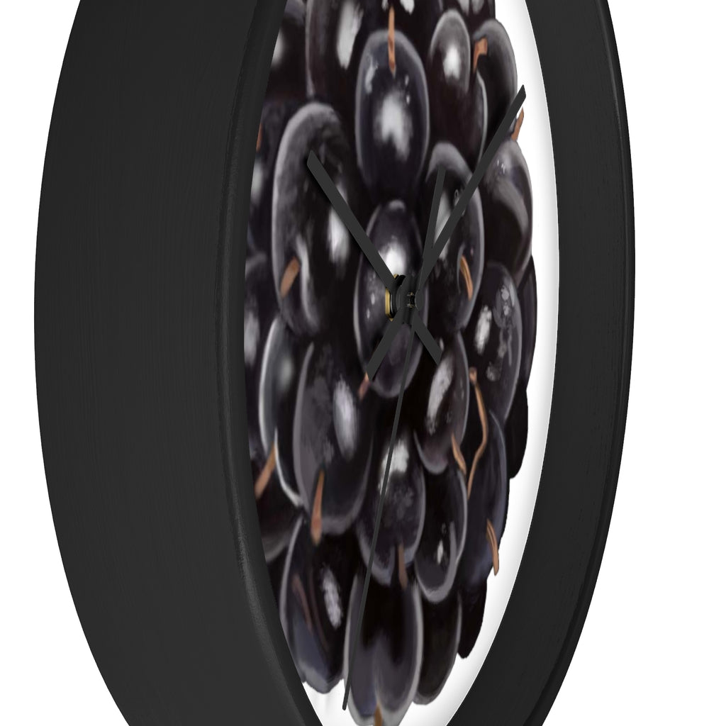 A stylish Grape Wall Clock featuring a wooden frame and a vibrant grape design, perfect for indoor decor.