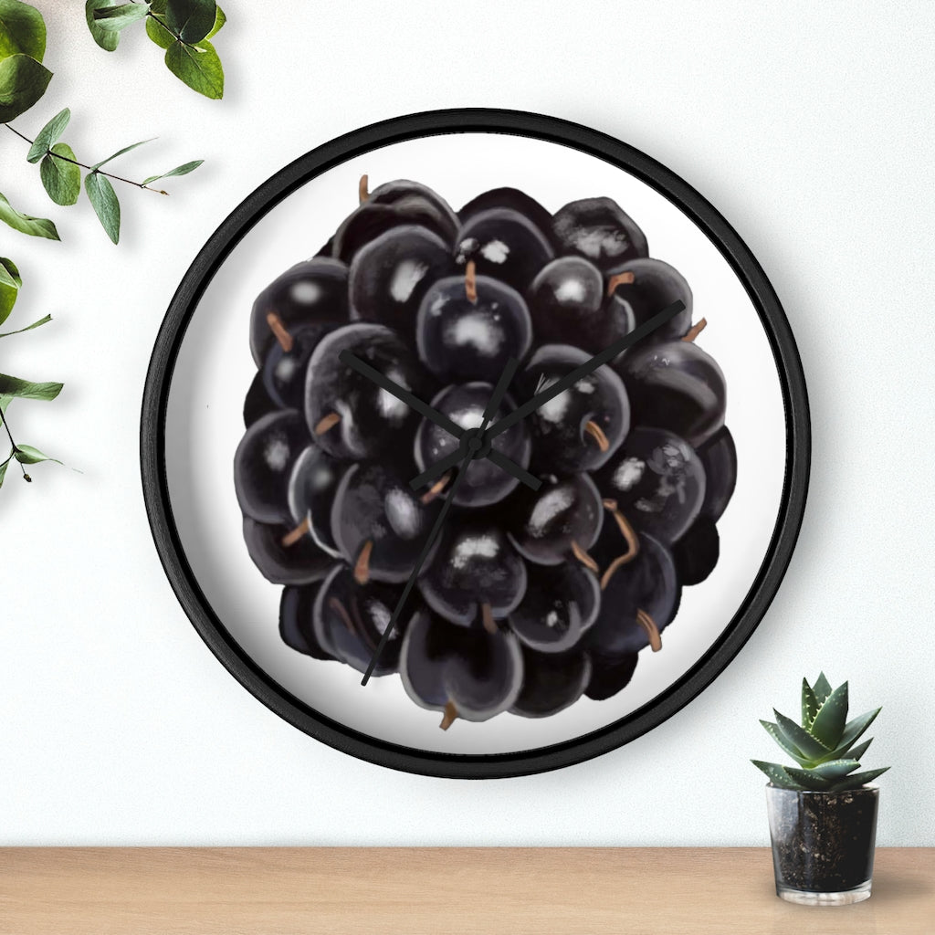 A stylish Grape Wall Clock featuring a wooden frame and a vibrant grape design, perfect for indoor decor.