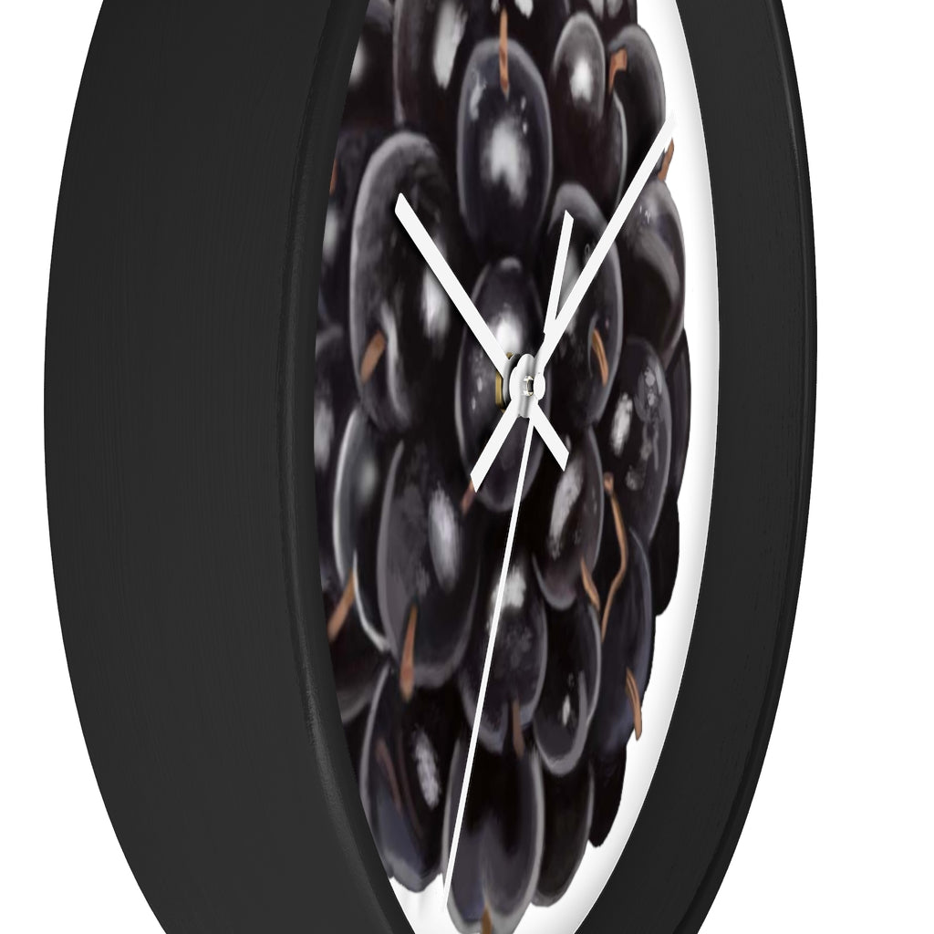 A stylish Grape Wall Clock featuring a wooden frame and a vibrant grape design, perfect for indoor decor.