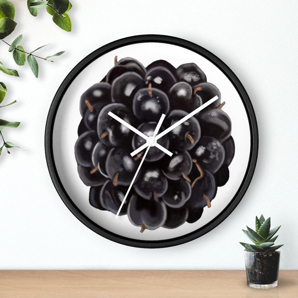 A stylish Grape Wall Clock featuring a wooden frame and a vibrant grape design, perfect for indoor decor.