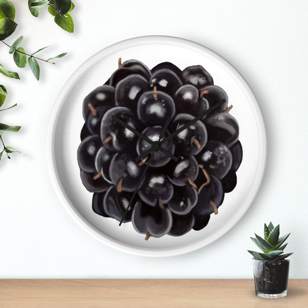 A stylish Grape Wall Clock featuring a wooden frame and a vibrant grape design, perfect for indoor decor.