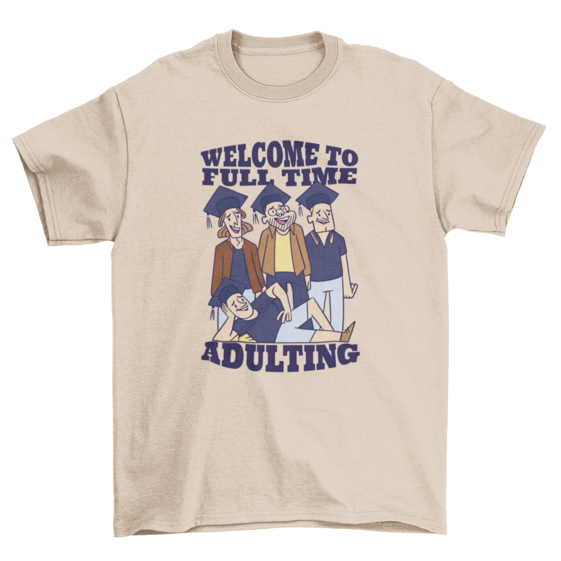 Graduation quote t-shirt design featuring graduation hats and the quote 'Welcome to full-time adulting'.