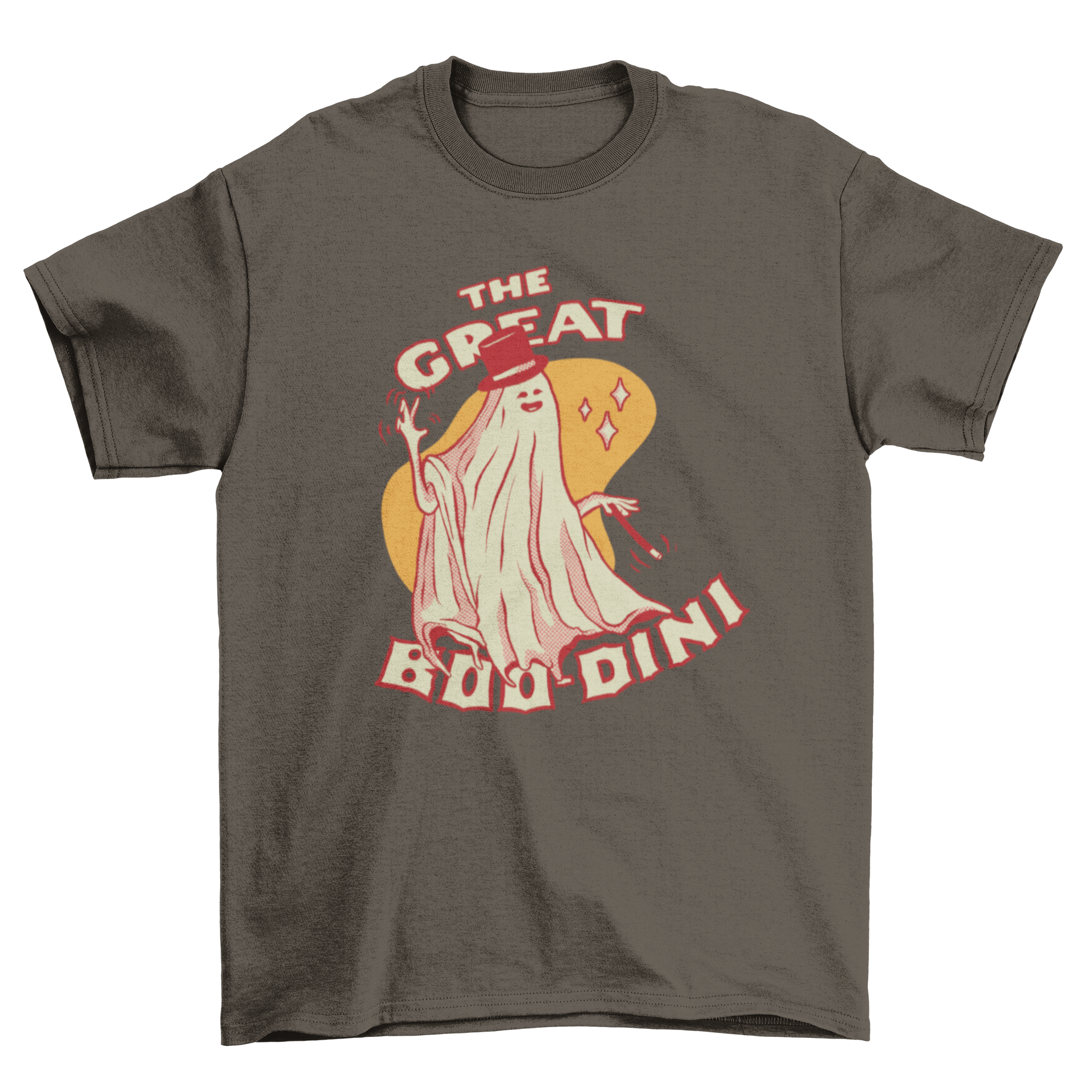 A humorous t-shirt featuring a magician ghost illustration with the caption 'The Great Boo-dini'.