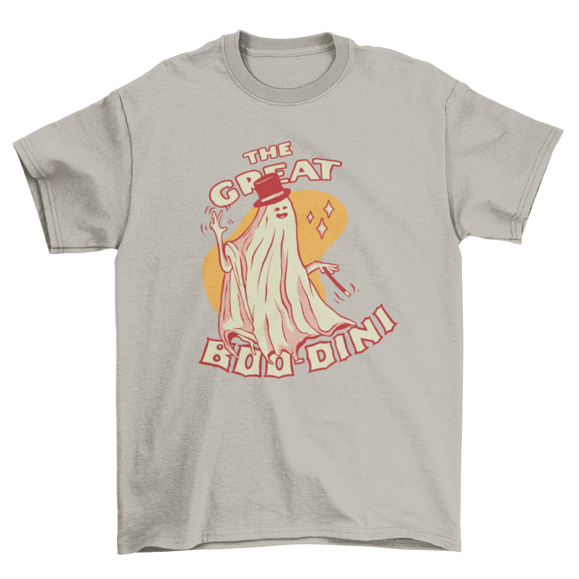 A humorous t-shirt featuring a magician ghost illustration with the caption 'The Great Boo-dini'.