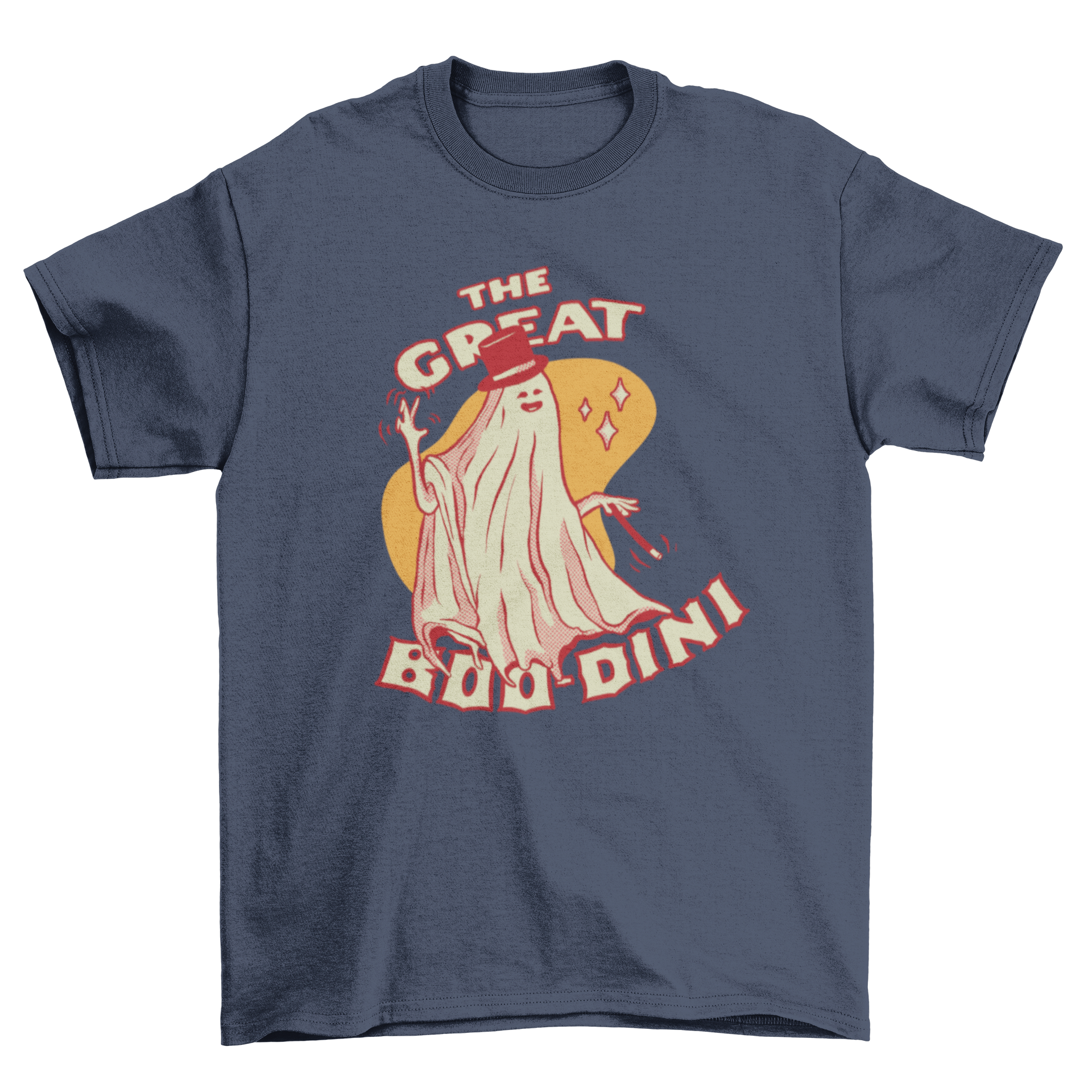 A humorous t-shirt featuring a magician ghost illustration with the caption 'The Great Boo-dini'.