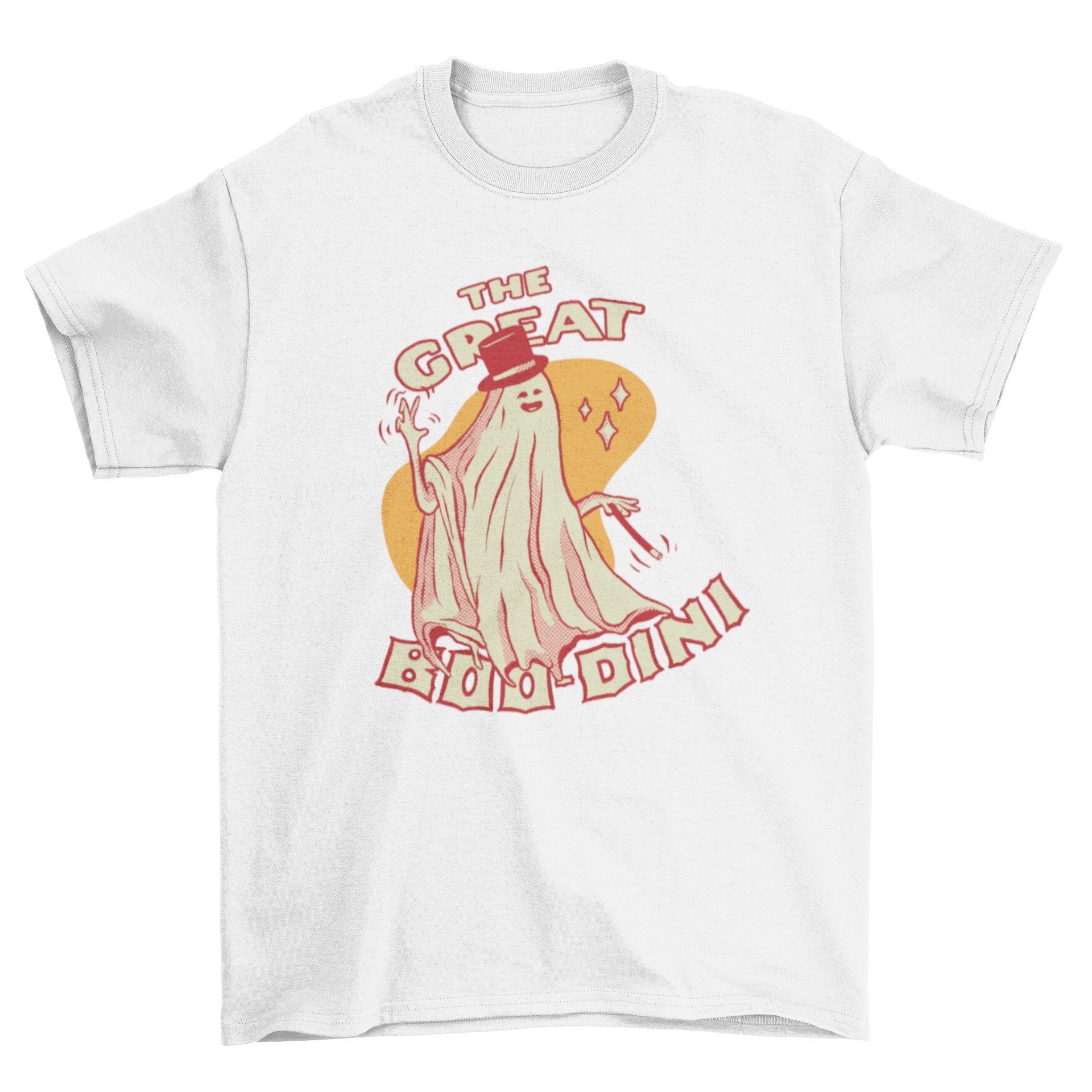 A humorous t-shirt featuring a magician ghost illustration with the caption 'The Great Boo-dini'.