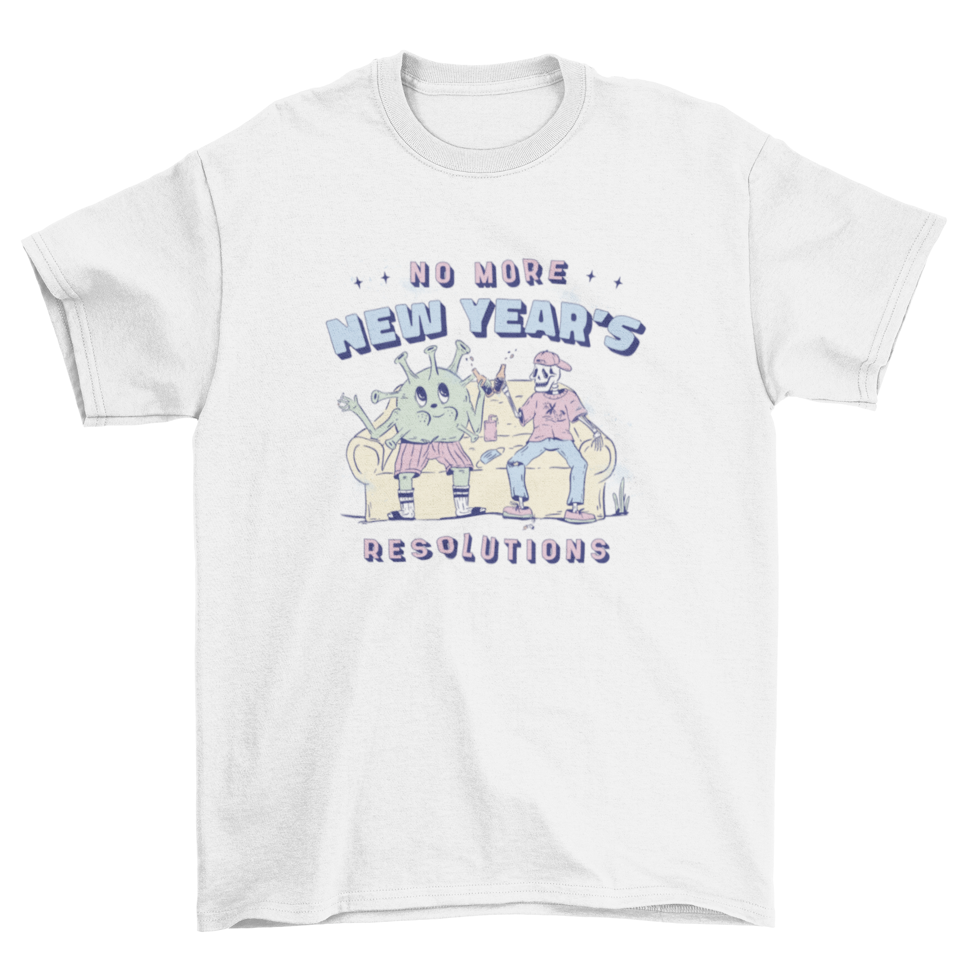 A humorous t-shirt design featuring a skeleton and virus on a sofa, drinking beer with the quote 'No more new year's resolutions'.