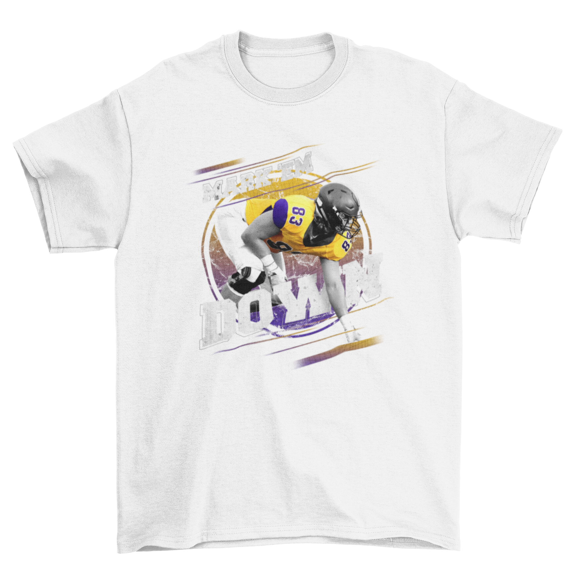 Great Hobby Quarterback t-shirt featuring a football player graphic and motivational quote 'Mark 'em down'.